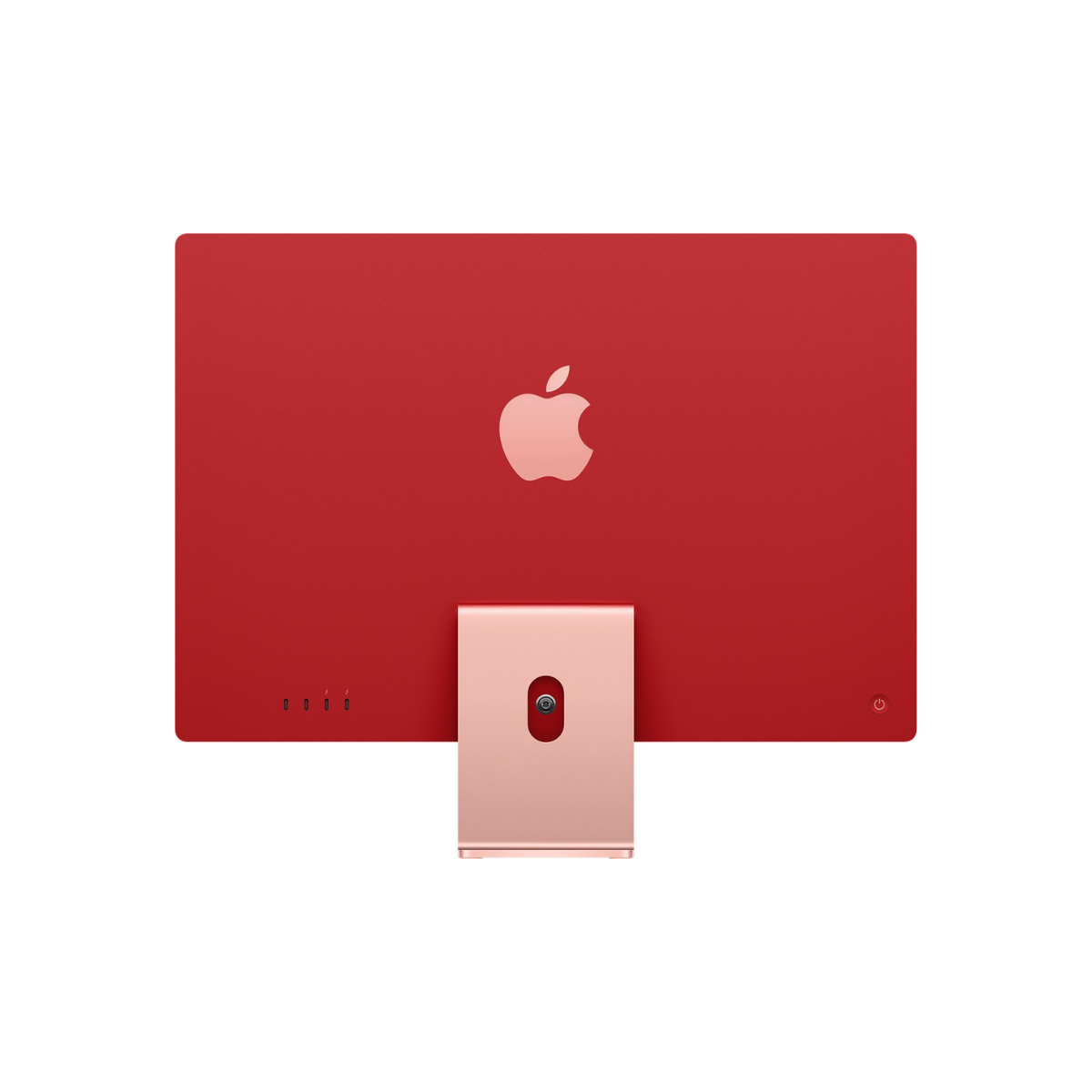 Die Rückseite eines roten iMac-Computers mit Apple-Logo, Ständer und Anschlüssen.