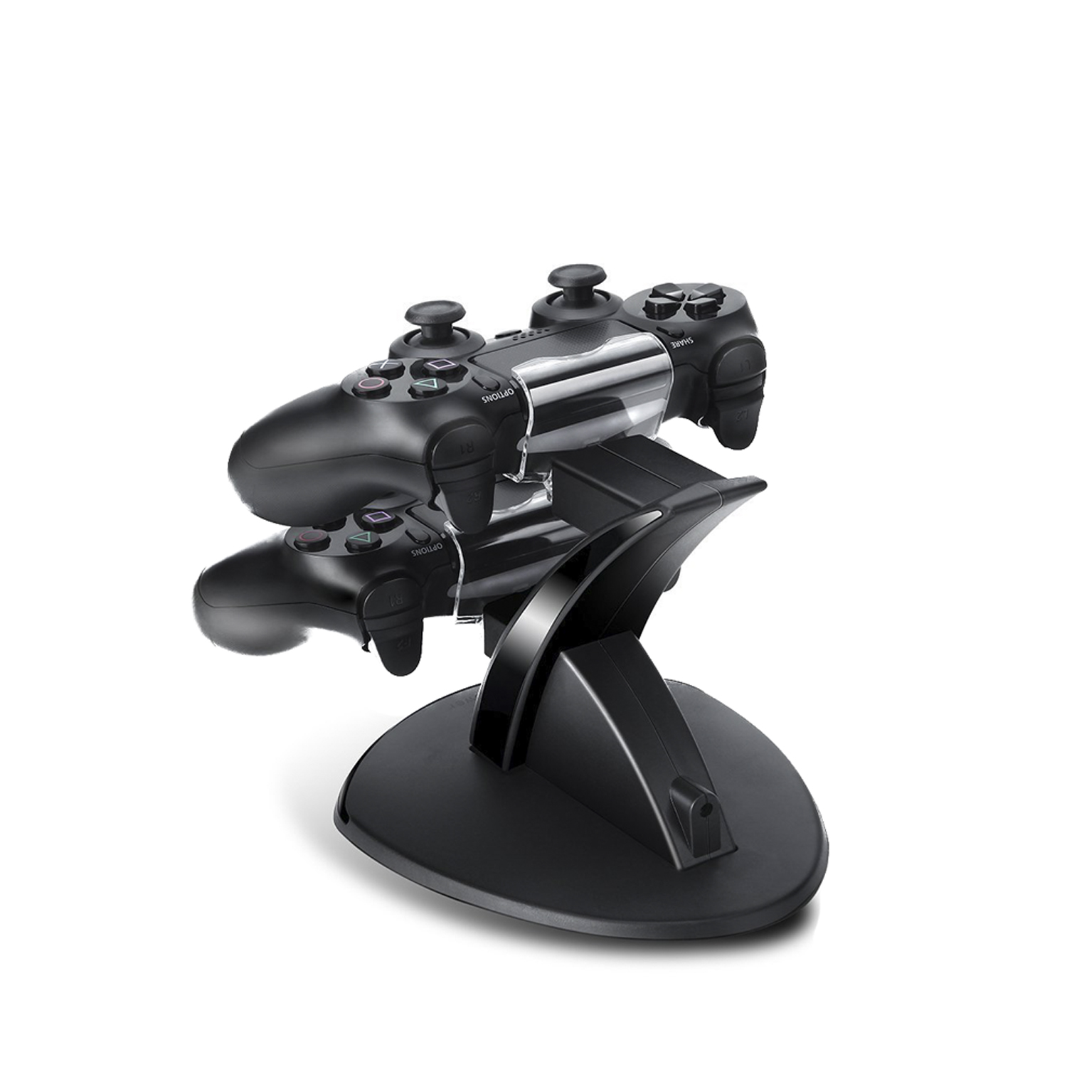 Mandos de PlayStation negros en un soporte de carga. El soporte es negro con diseño curvo.