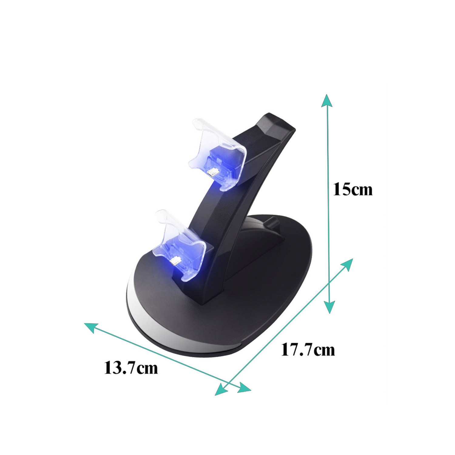 Un soporte negro con dos estaciones de carga para mandos de juego con luces azules.