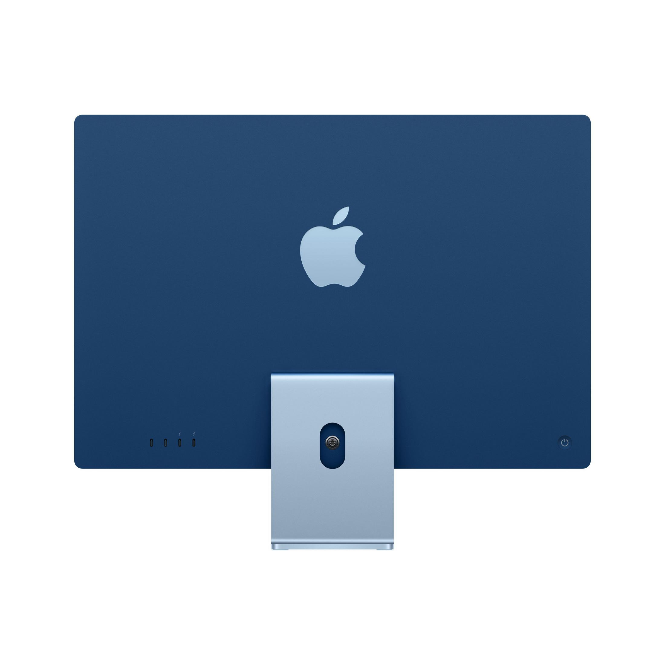 Rückansicht eines blauen iMacs mit Apple-Logo. Der Ständer ist silberfarben.