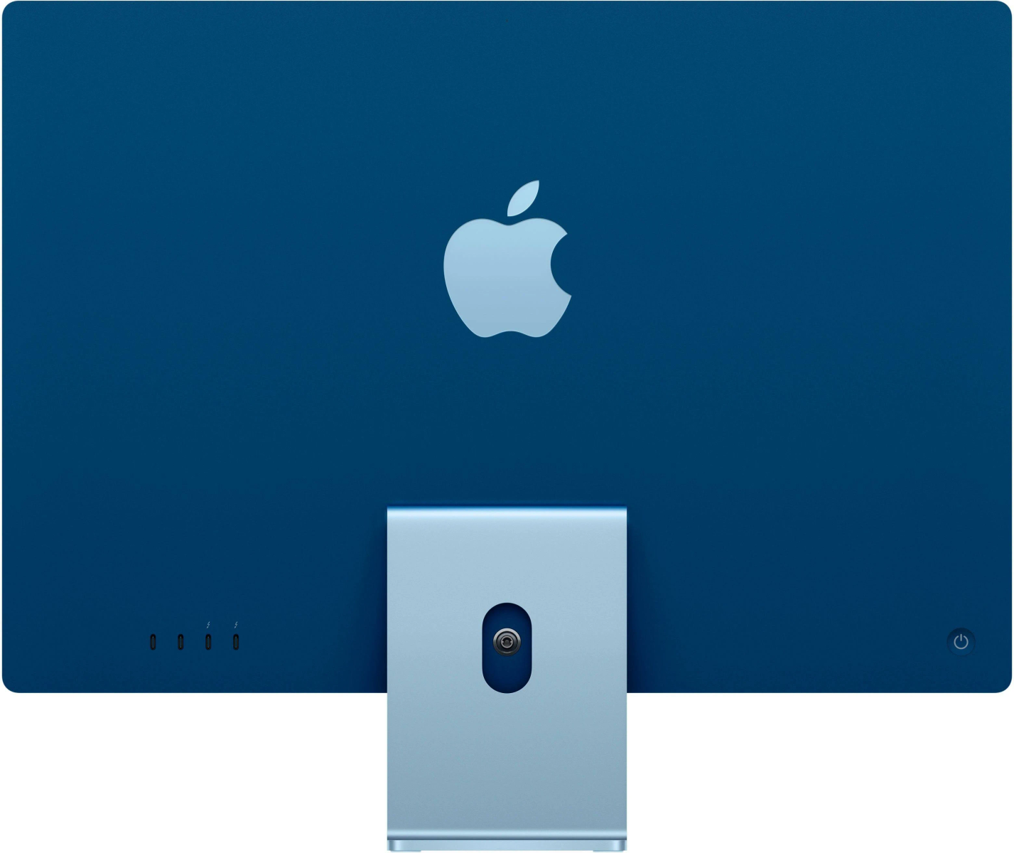 La parte trasera de un iMac azul con soporte plateado y logotipo de Apple. Hay puertos en la parte inferior.