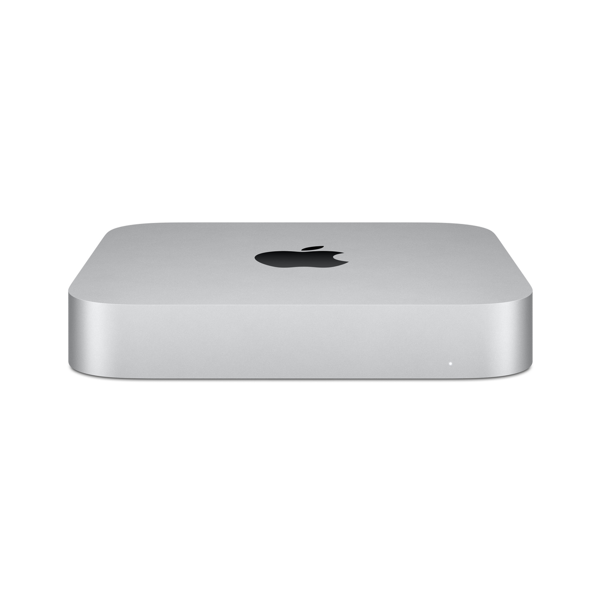 Ein silberner Mac Mini-Computer mit Apple-Logo auf weißem Hintergrund.