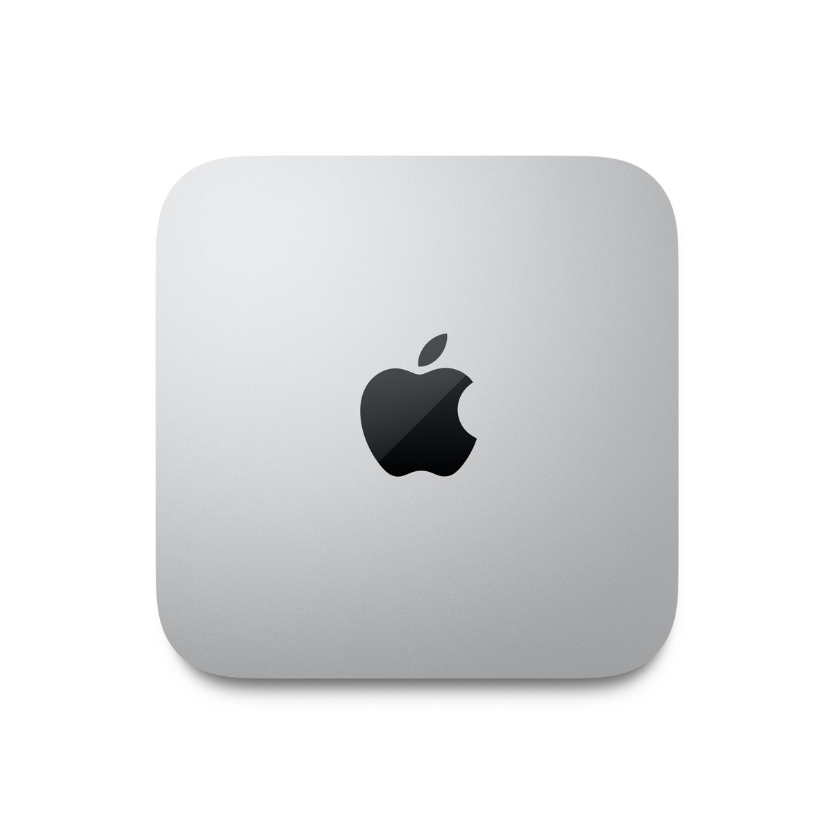 Draufsicht auf einen silbernen Apple Mac Mini mit Apple-Logo auf weißem Hintergrund.