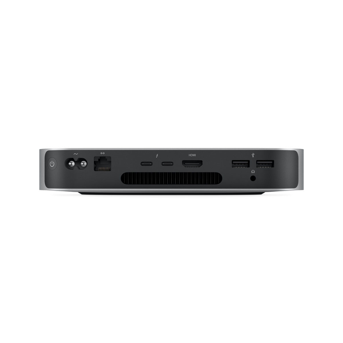 Rückansicht des Mac Mini, Anschlüsse sind sichtbar. Strom, Ethernet, Thunderbolt, HDMI und USB-Anschlüsse.