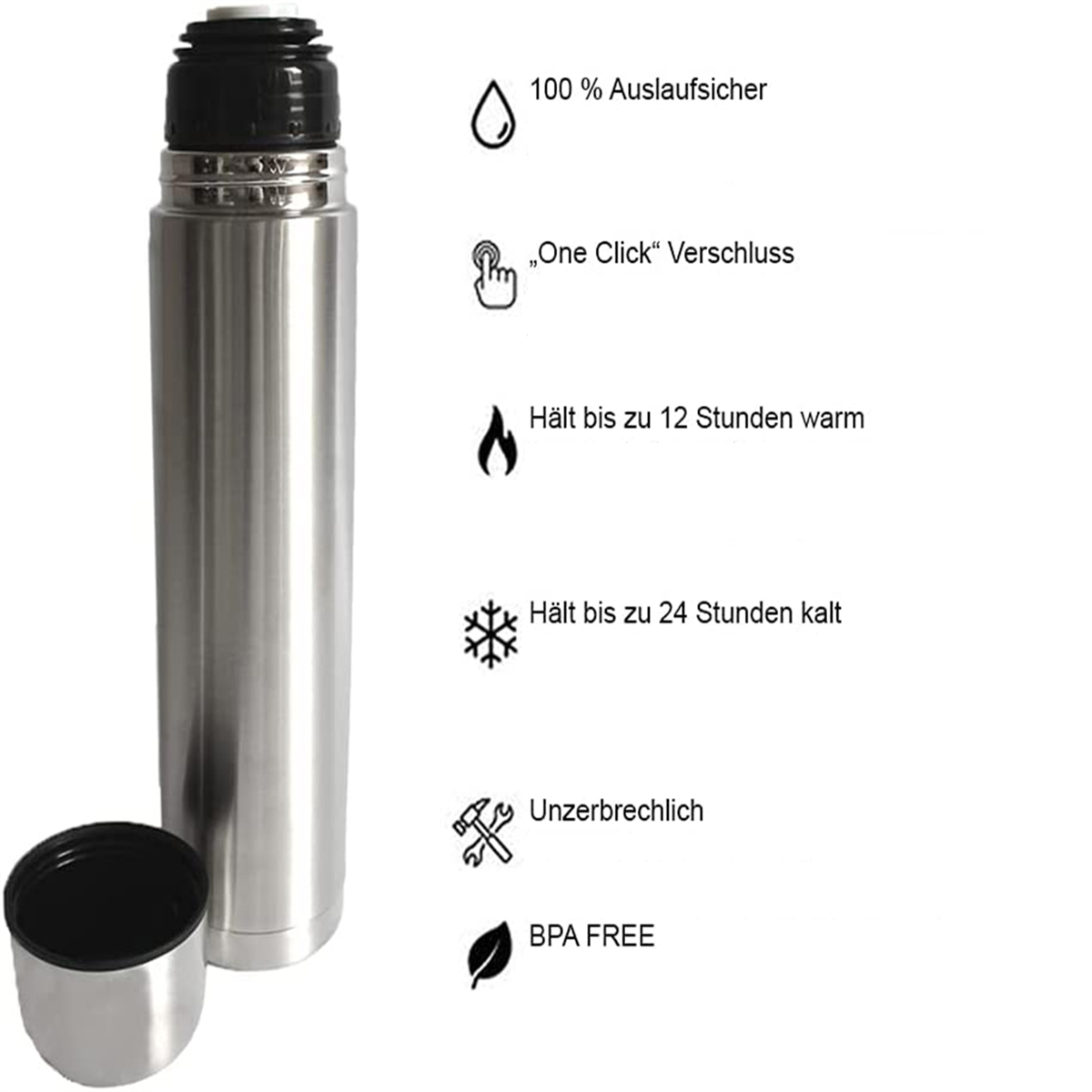 Eine silberne Thermosflasche mit schwarzem Deckel und Becher, neben deutschem Text und Symbolen.