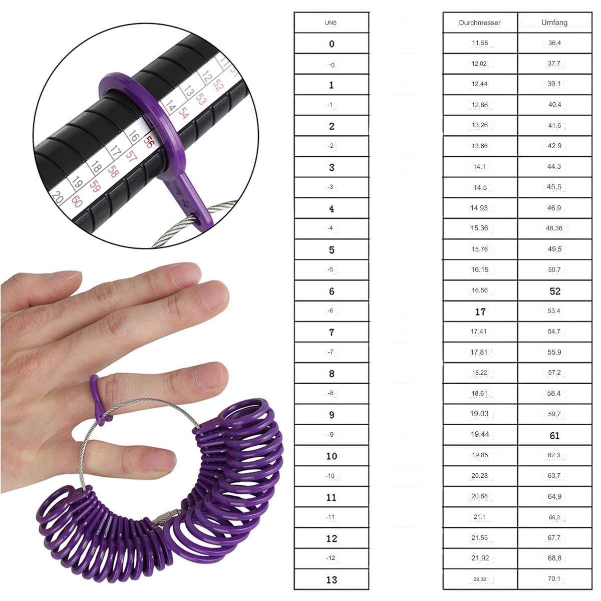 Ringgrößenmesser mit Ringen an einem Finger und einer Tabelle. Lila Ringgrößenmesser. Weißer Hintergrund.