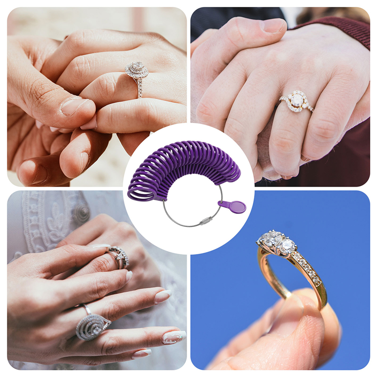 Collage von Ringen an Händen. Beinhaltet einen violetten Ringgrößenmesser und Nahaufnahmen von Ringen.