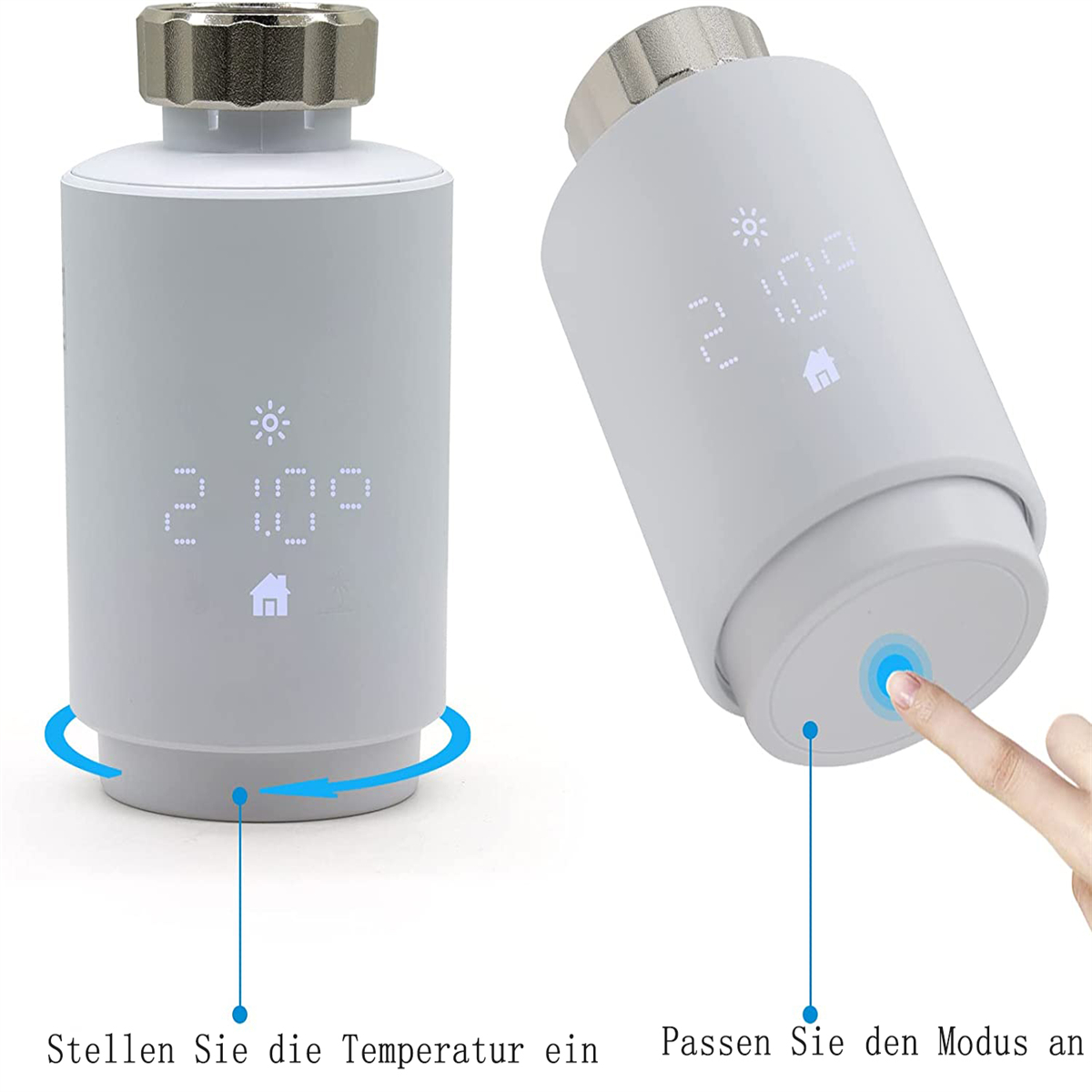 Zwei weiße Thermostate mit Digitalanzeigen. Eines wird von einer Hand verstellt, mit Pfeilen darauf.