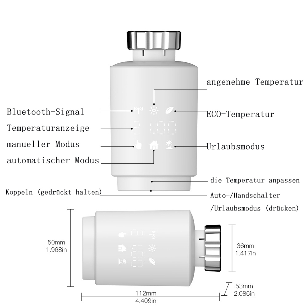 Thermostat mit Beschriftungen. Hat eine digitale Anzeige, die Temperatur und Einstellungen zeigt. Tasten mit Maßangaben.