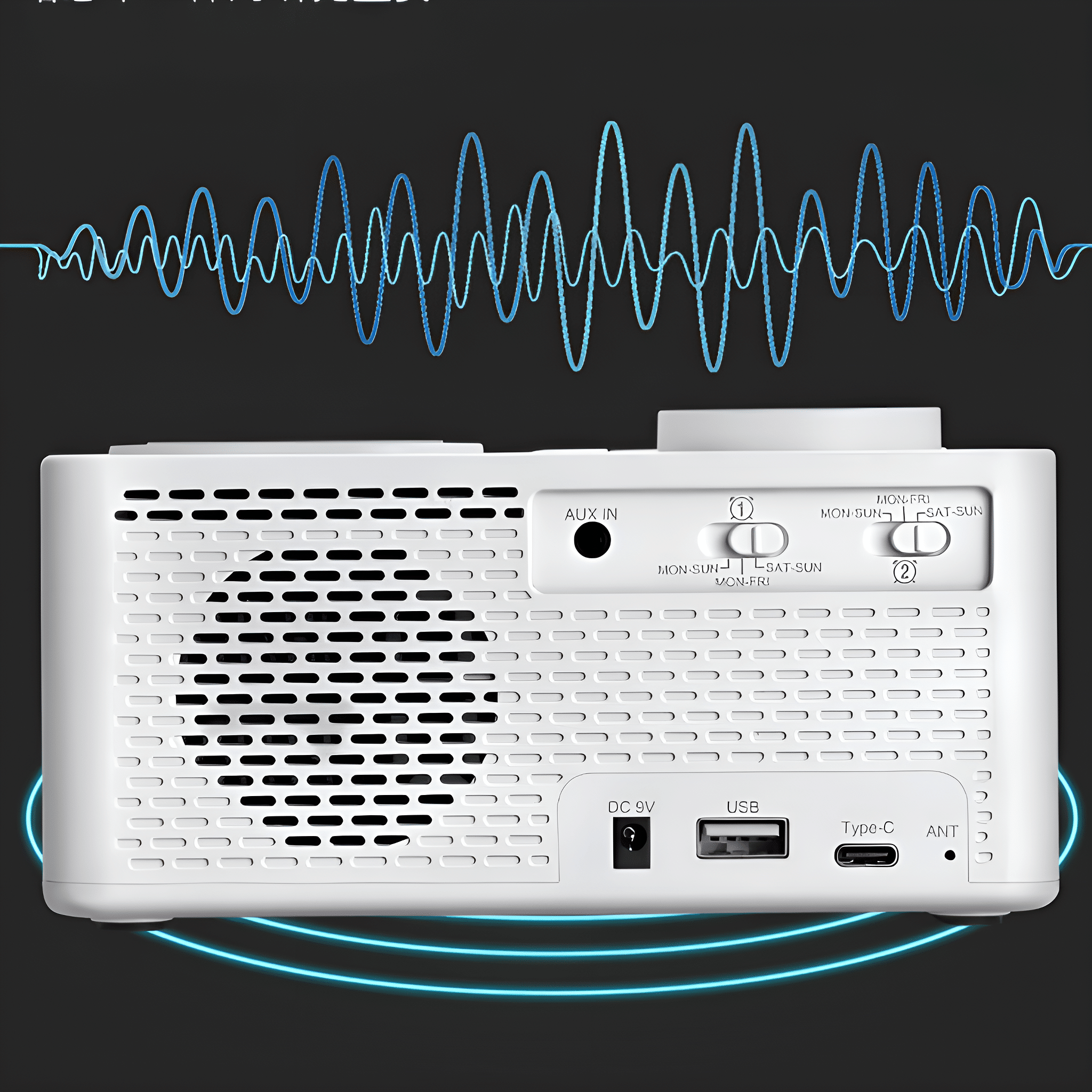 Die Rückseite eines weißen Radios mit Lautsprecher, Aux-Eingang, USB- und Antennenanschlüssen. Eine wellenförmige blaue Linie ist darüber.