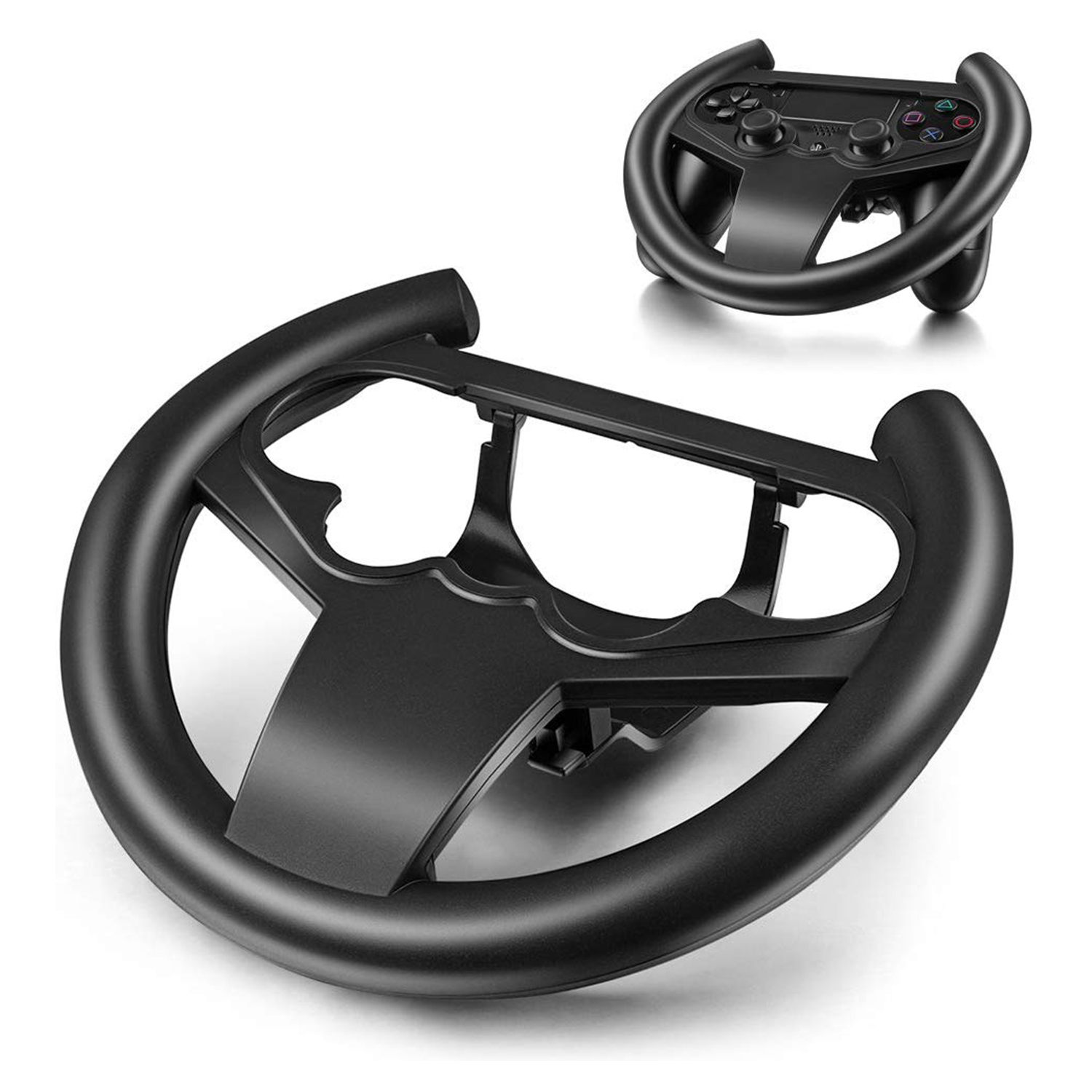 Un volante de juego negro con un controlador adjunto. El volante está desmontado.