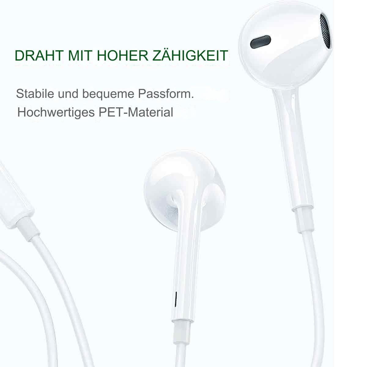 Weiße Ohrhörer mit Kabel, als stabil und bequem bezeichnet.