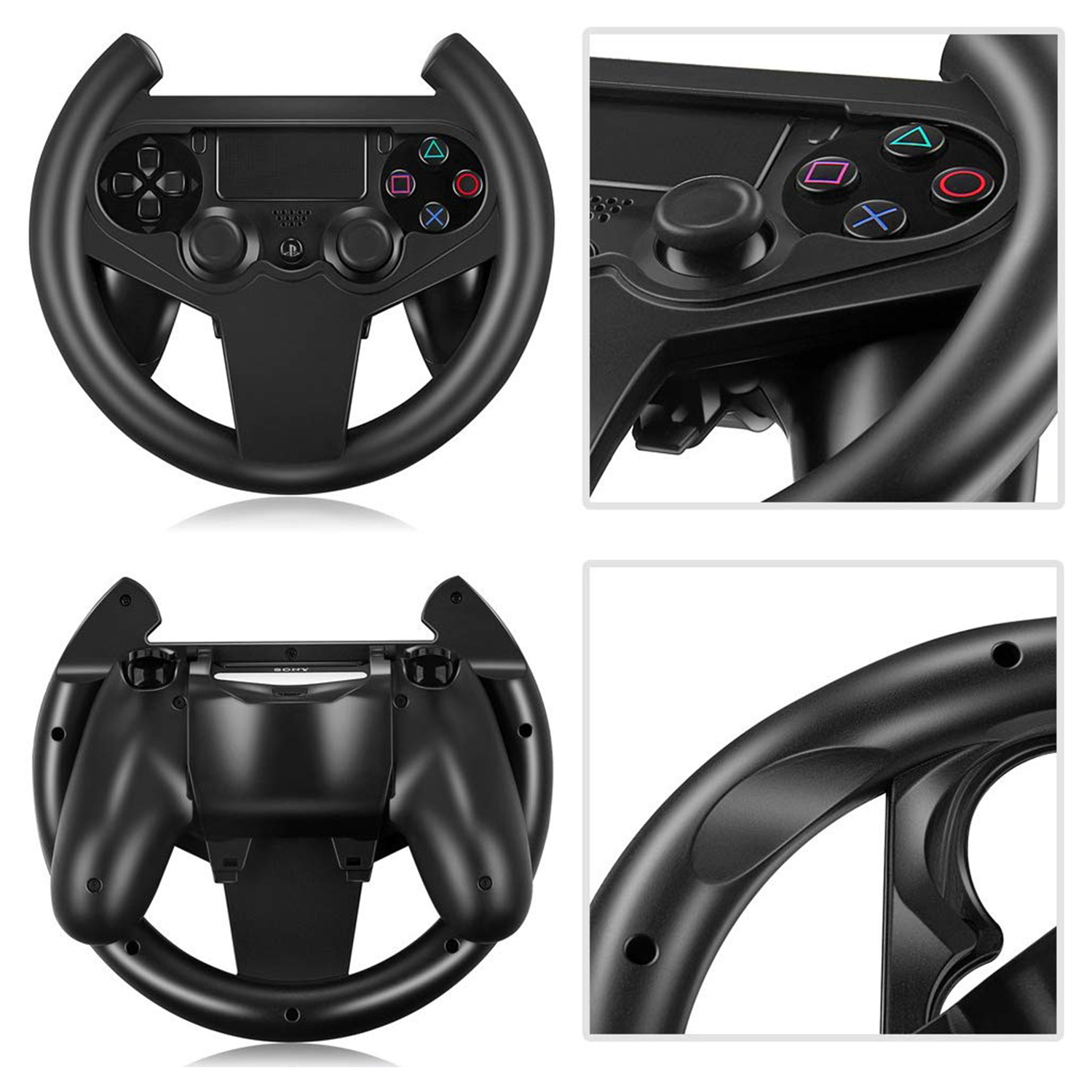 Volante de juego negro con botones y un controlador.