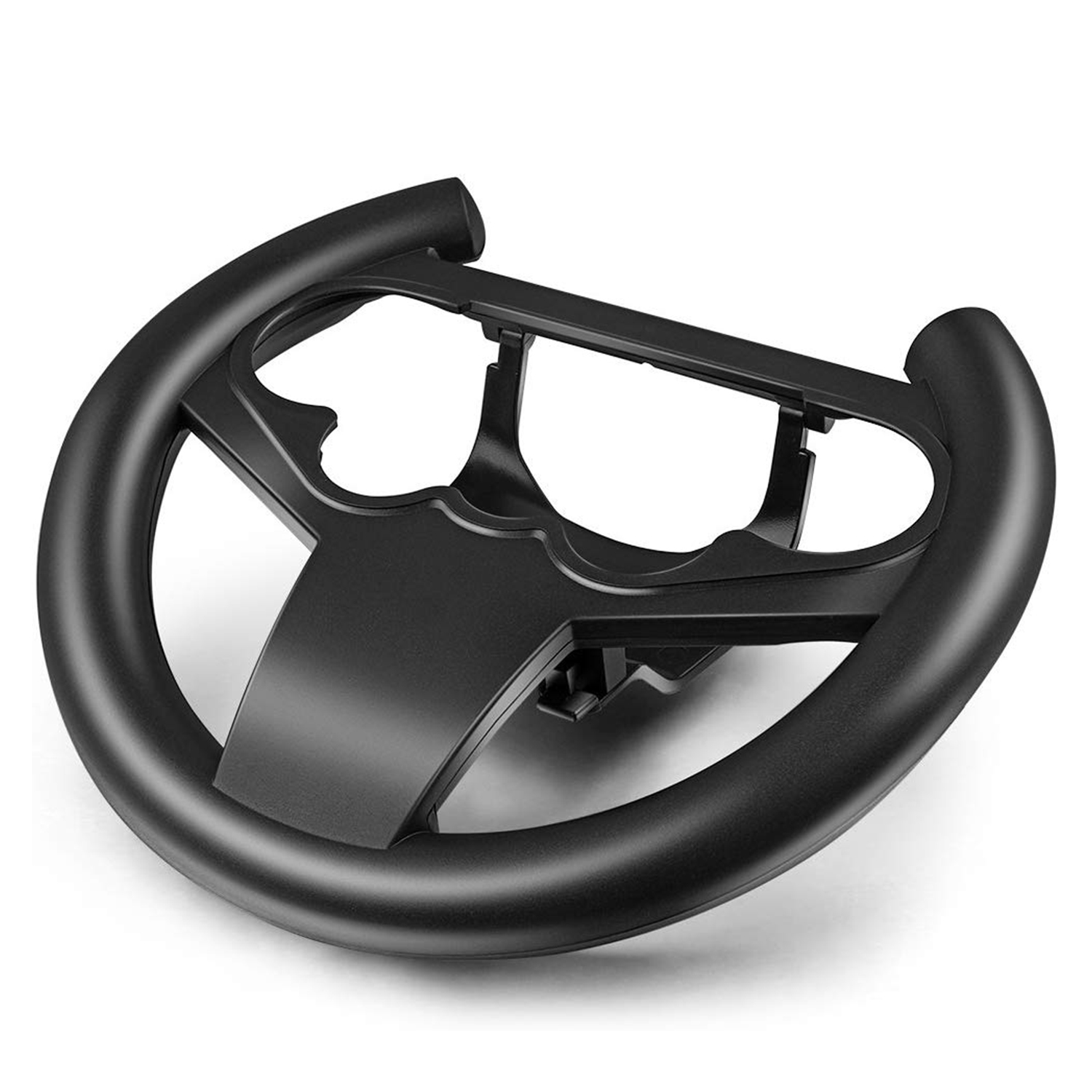 Volante negro con soporte central y dos agarres sobre fondo blanco. Es un volante de carreras.