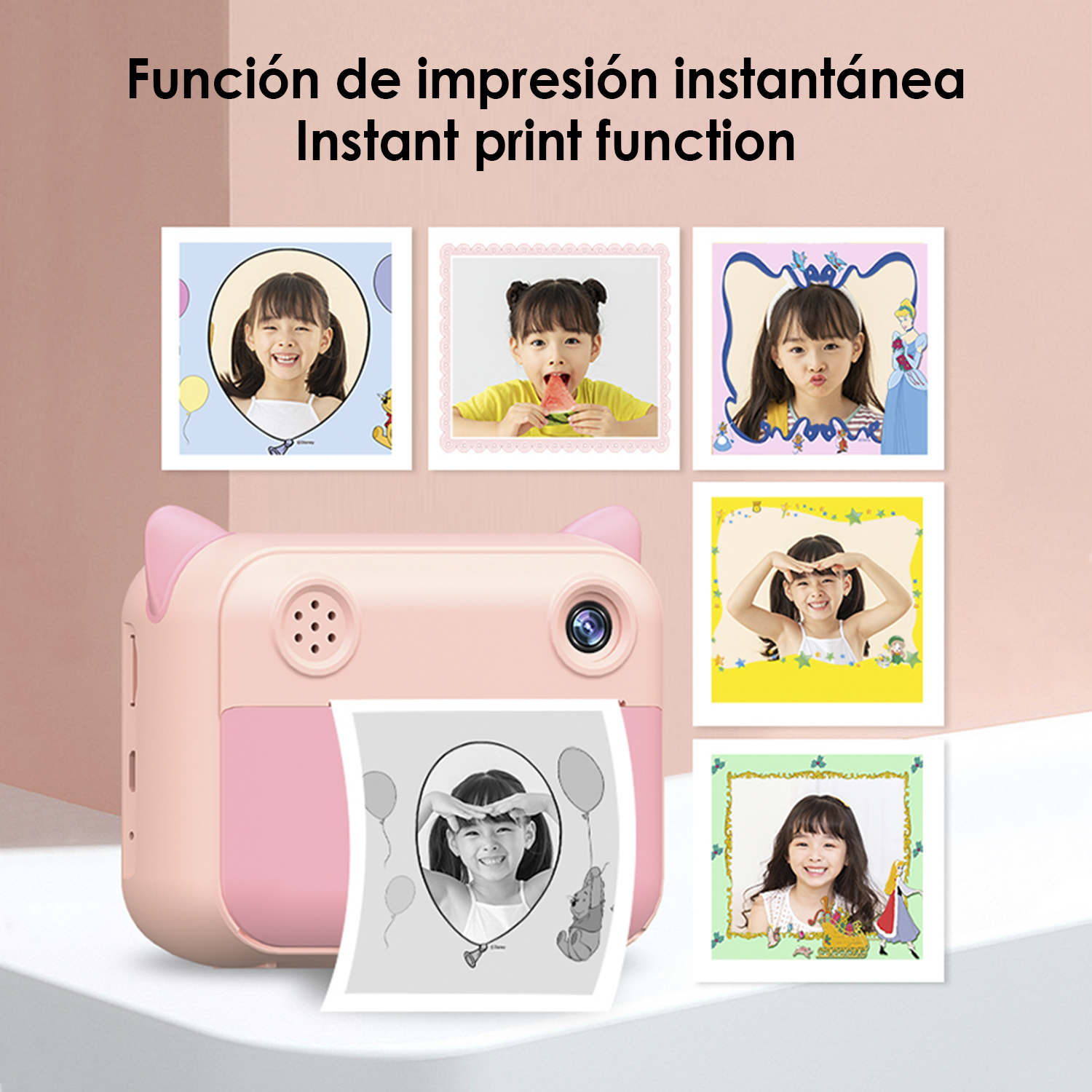 Cámara rosa de impresión instantánea imprimiendo fotos.