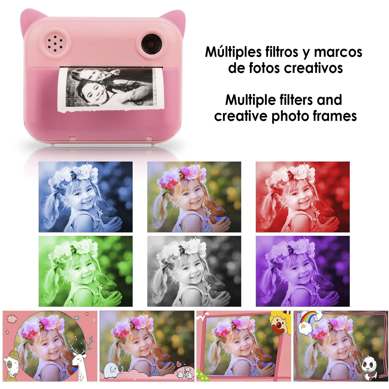 Cámara instantánea rosa imprimiendo fotos, seis fotos filtradas. Texto arriba.