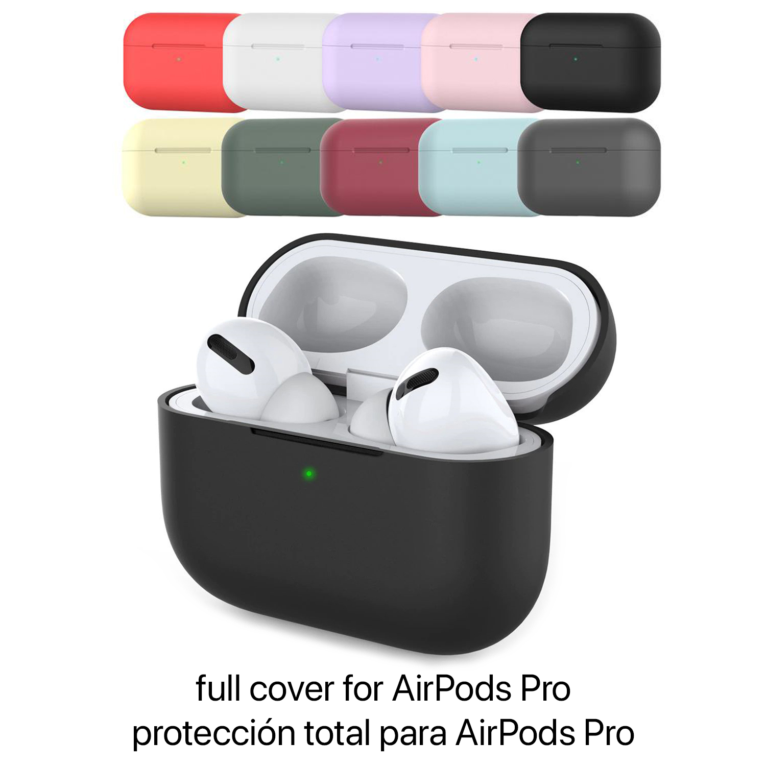 Funda negra AirPods Pro abierta con AirPods blancos. Varias fundas de colores están encima de la funda.