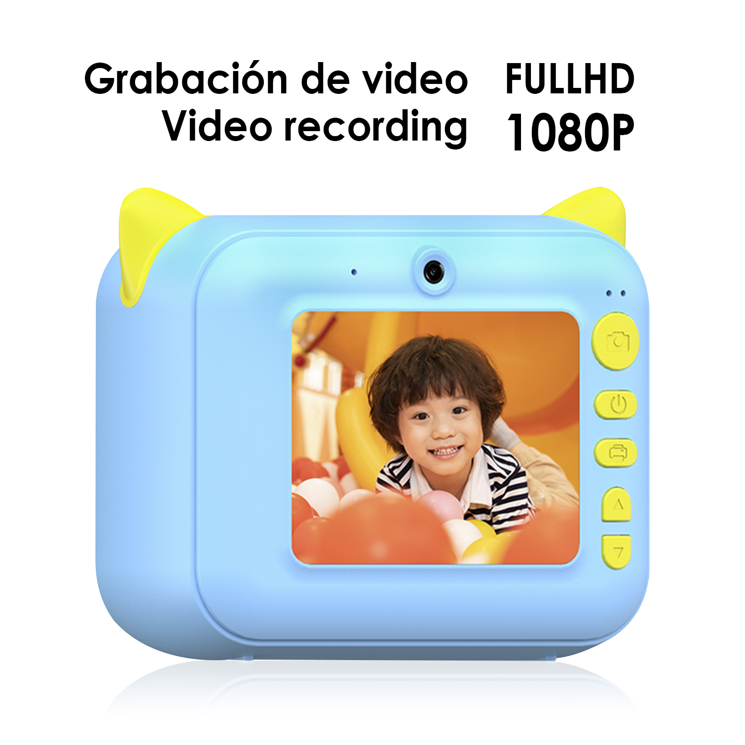 Una cámara azul para niños con la foto de un niño.