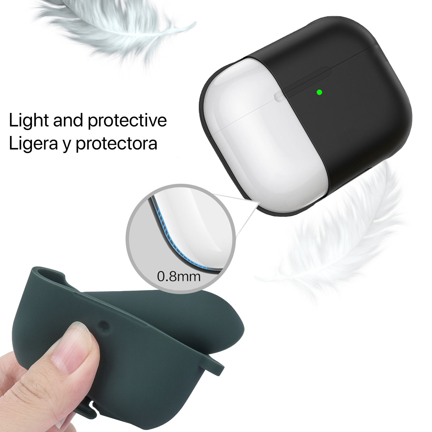 Estuche AirPod blanco y negro. Luz verde. Estuche abierto con una mano sosteniendo la parte abierta. Plumas.