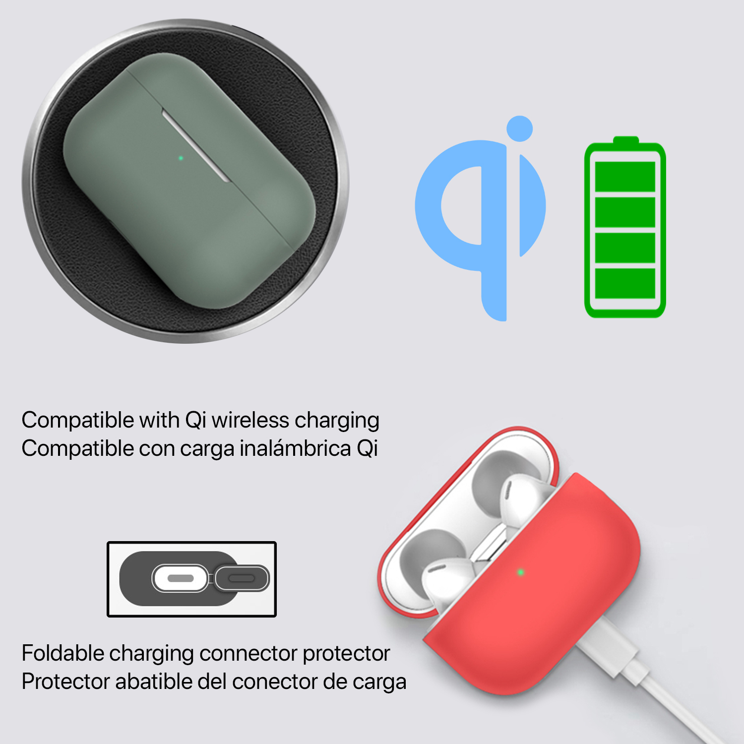 Funda de carga inalámbrica con auriculares y un símbolo de carga inalámbrica Qi. Se muestran fundas verdes y rojas.
