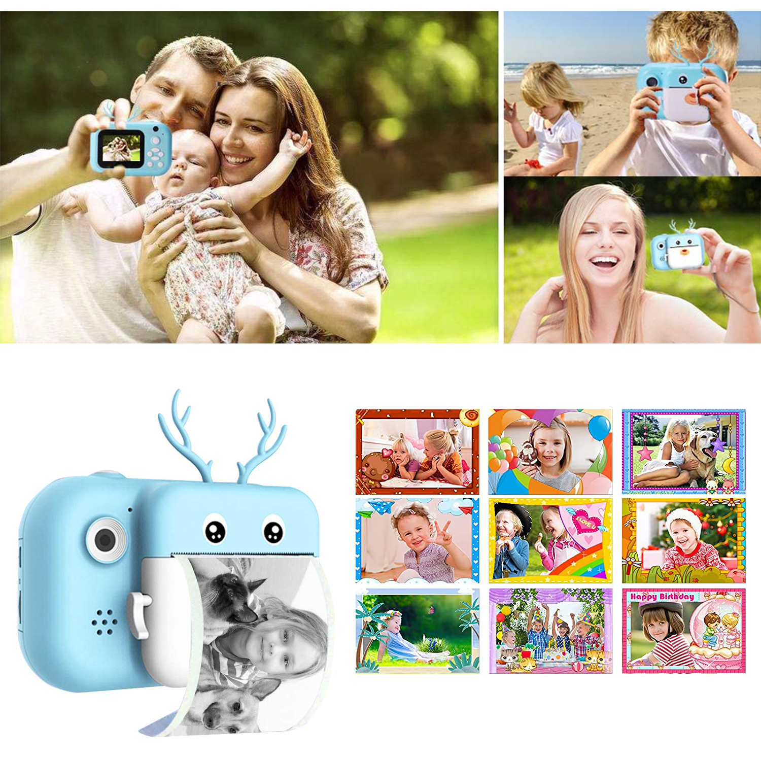 Familie macht Foto mit Baby, Kinder mit Kameras und Fotodrucker.
