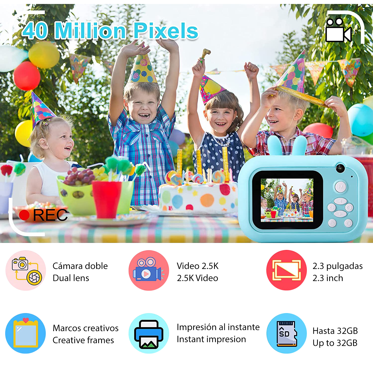 Kinder mit Kamera, feiern Geburtstag. Mit Kuchen und Luftballons. Kamera blau, mit Display.