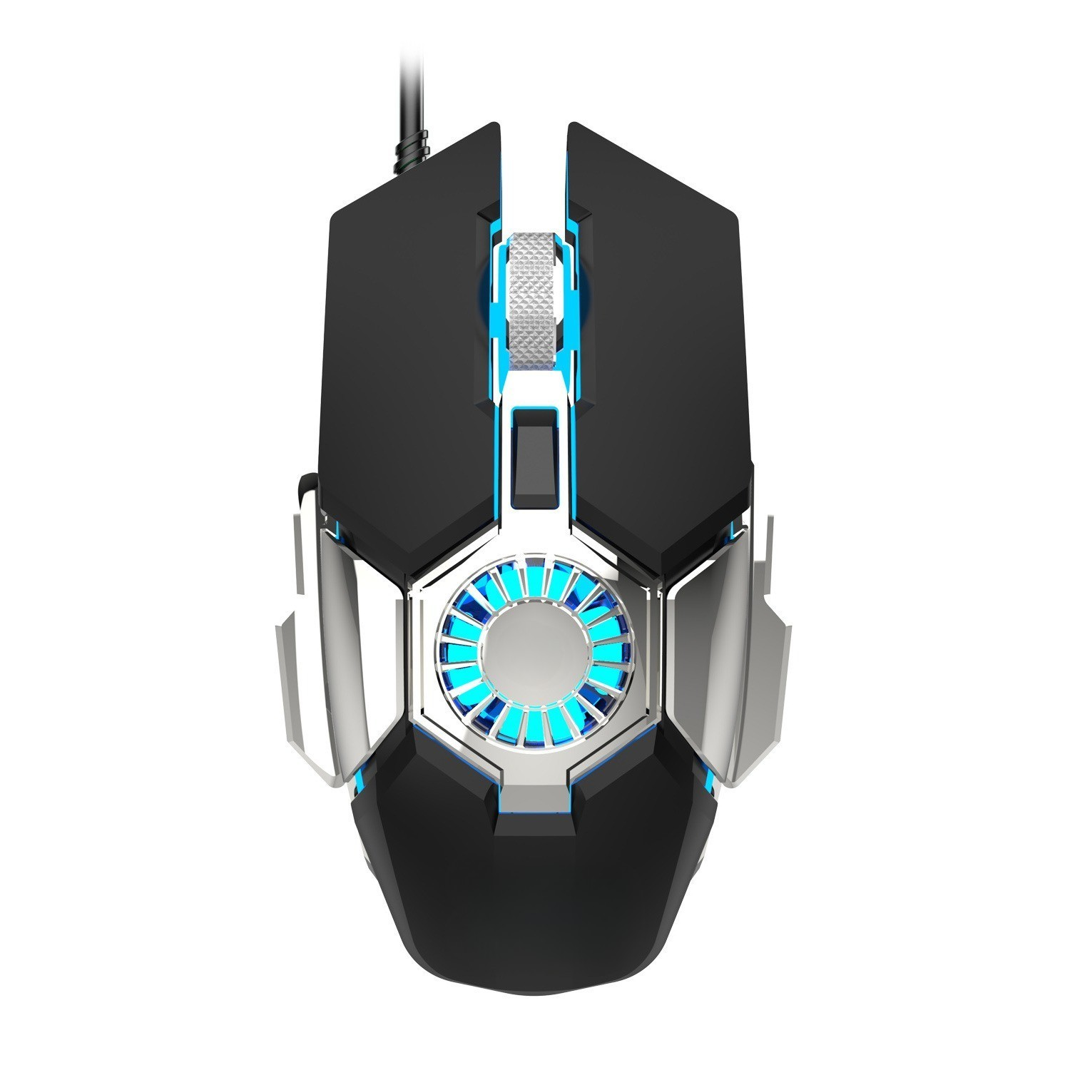 Schwarze und blaue Gaming-Maus. Blaues Licht in der Mitte. Silberne Akzente. Weißer Hintergrund.