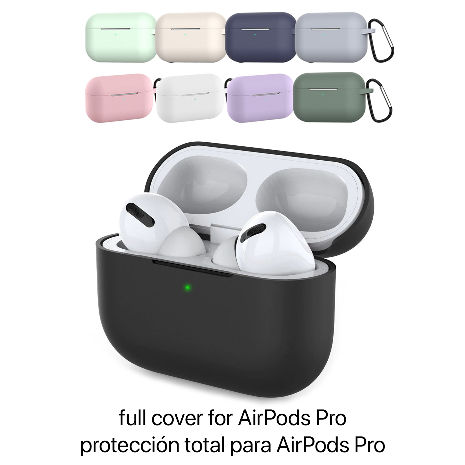 Funda negra de AirPods Pro con AirPods dentro. Varias fundas de colores encima.