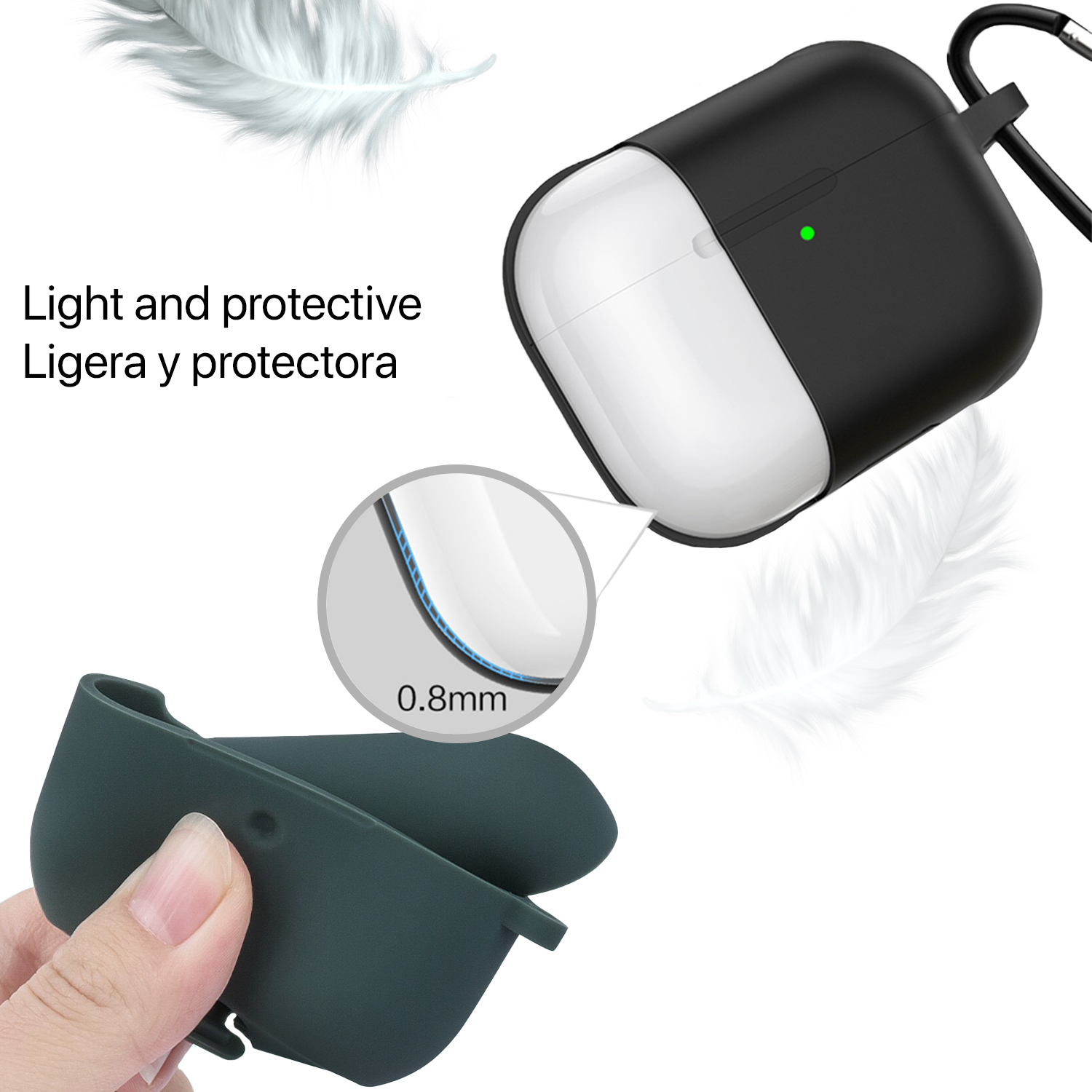 Funda de AirPod negra y blanca, funda verde en mano con plumas detrás.