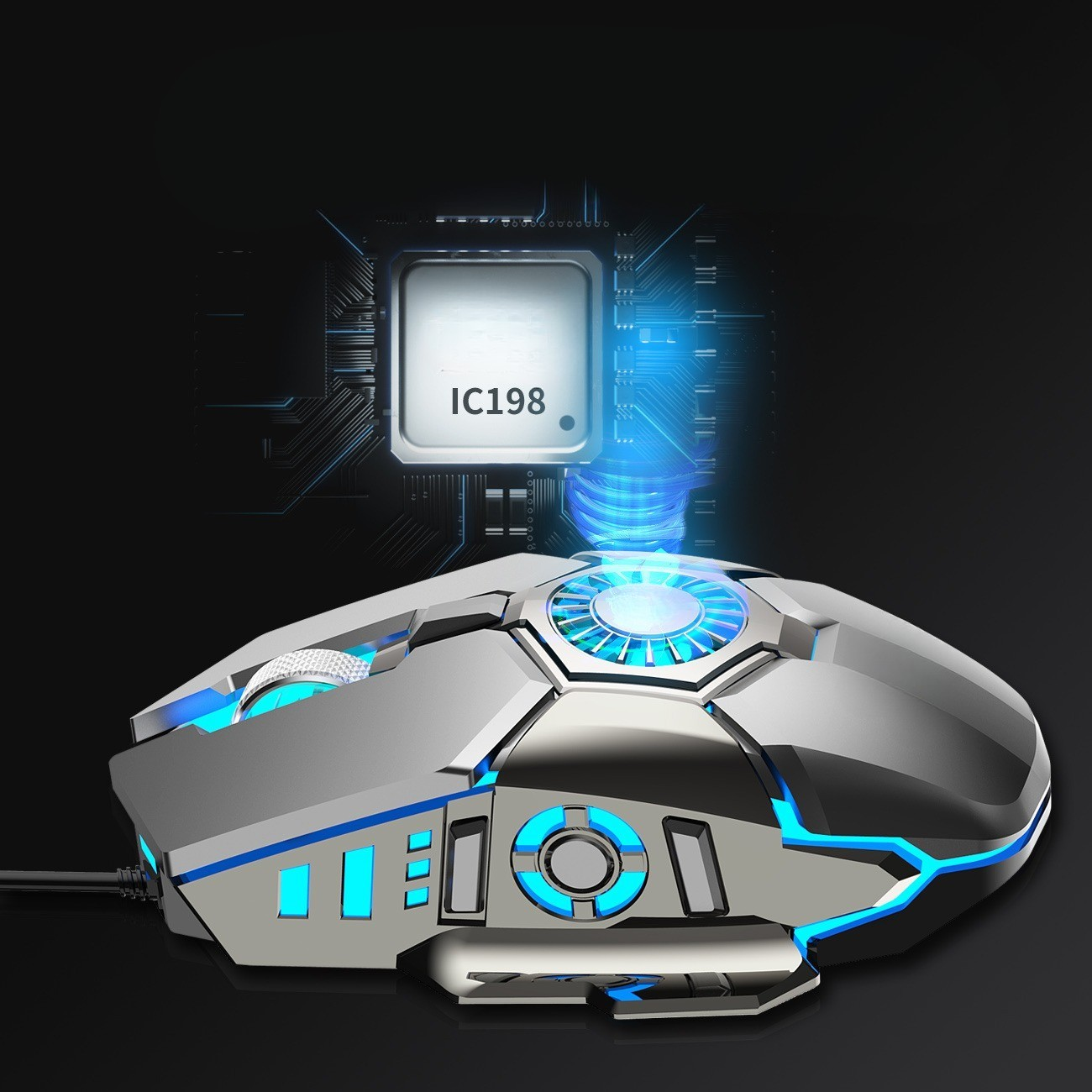 Eine silber-schwarze Gaming-Maus mit blauen Lichtern. Darüber befindet sich eine Chip-Grafik.