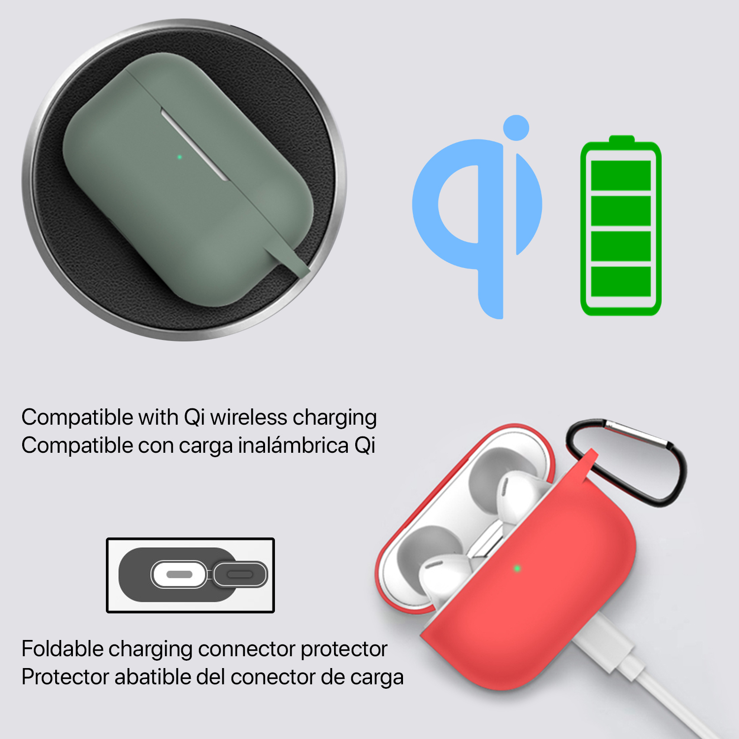Auriculares en un estuche, se muestran el logotipo de Qi y el icono de la batería. Descripción del producto.