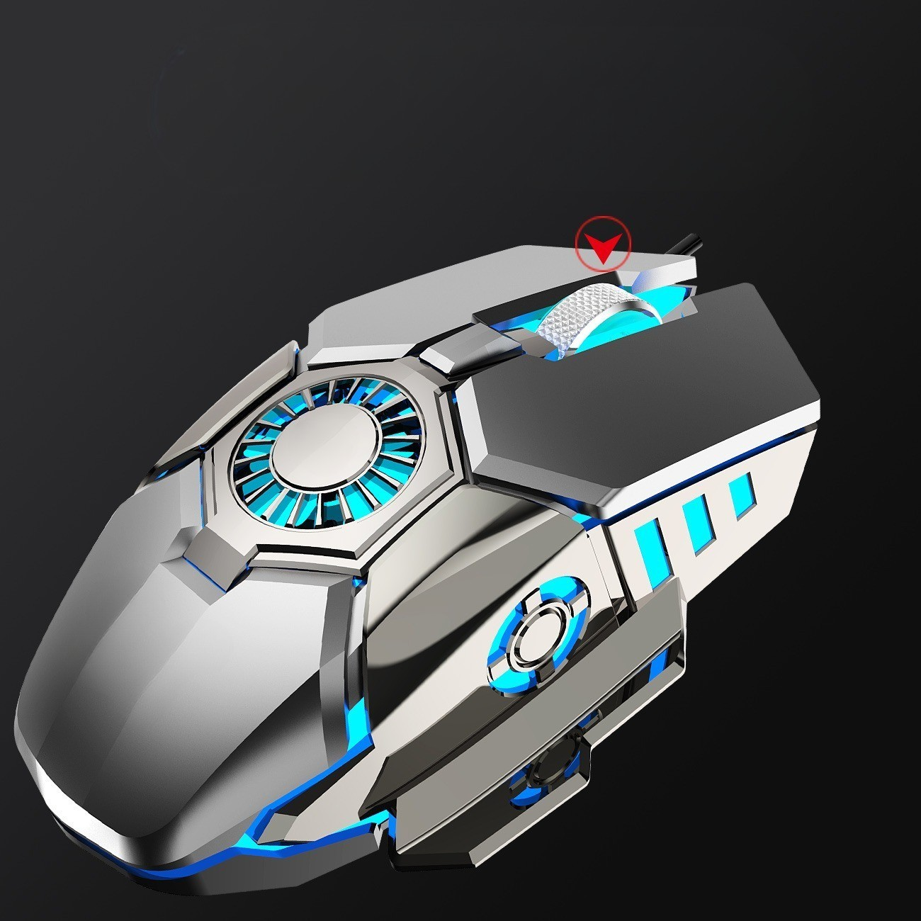 Silber-schwarze Gaming-Maus. Verfügt über blaue Beleuchtung, ein Scrollrad und mehrere Tasten.