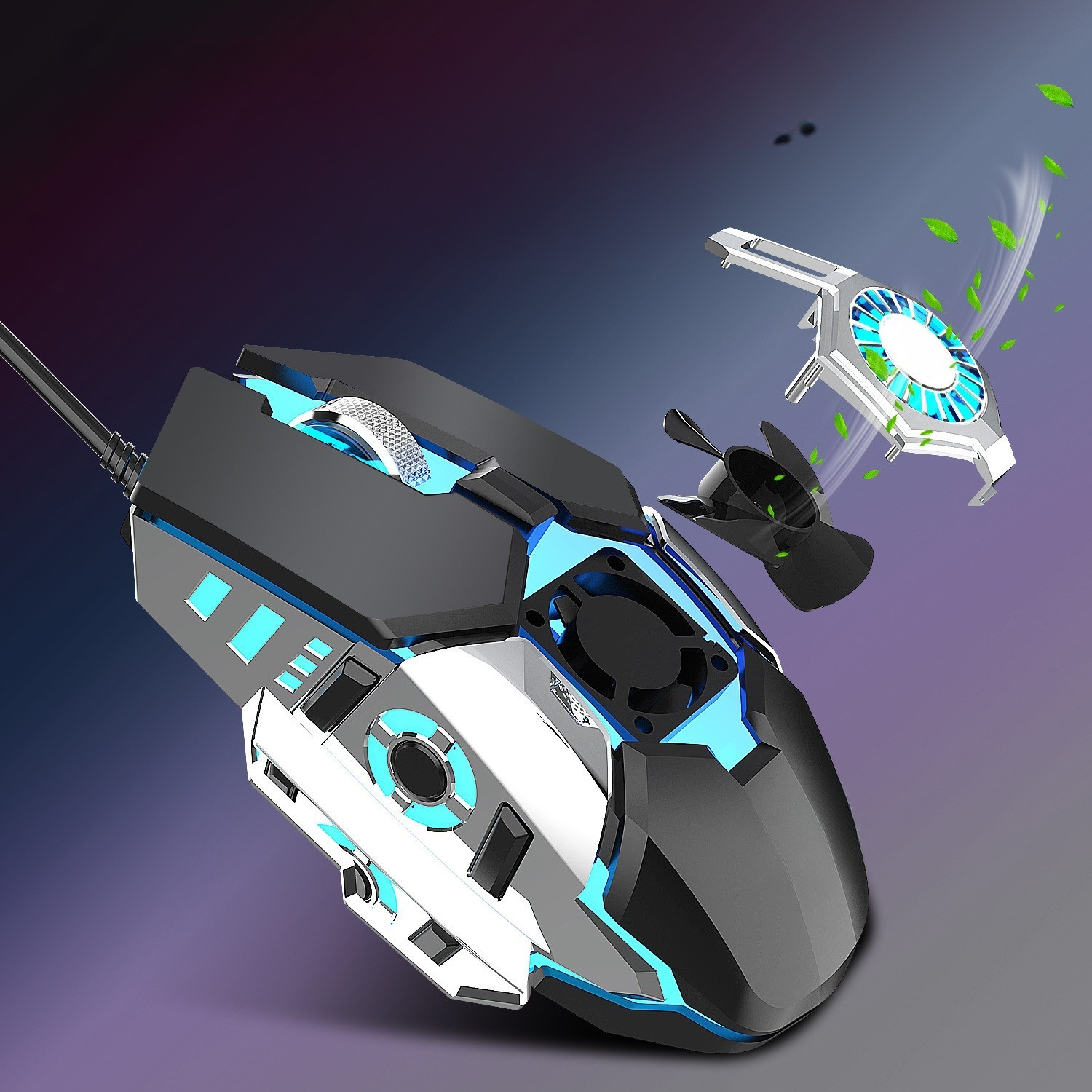 Gaming-Maus mit blauen Lichtern und einem abnehmbaren Lüfter mit grünen Blättern.