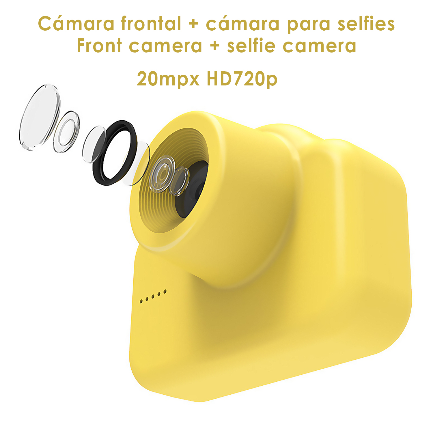 Eine gelbe Kamera mit Objektiv und dem Text: Kamera vorne + Selfie-Kamera, 20MP HD720p.