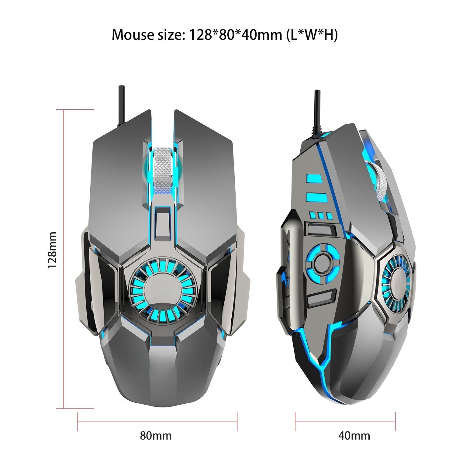 Gaming-Maus, grau mit blauen Lichtern, mit Maßangaben. Aus zwei Winkeln betrachtet, weißer Hintergrund.