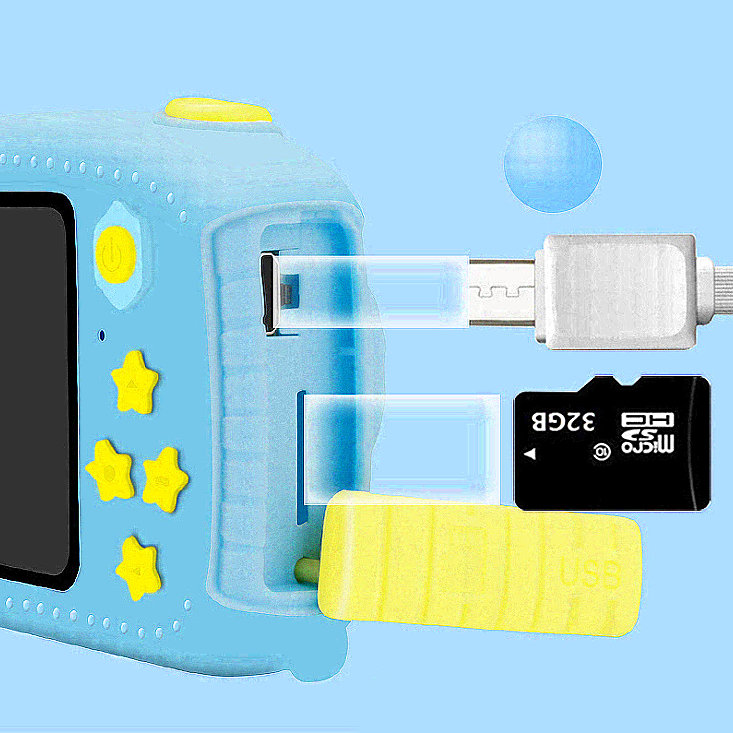 Eine blaue Spielzeugkamera mit USB-Anschluss, Speicherkarte und USB-Kabel vor hellblauem Hintergrund.