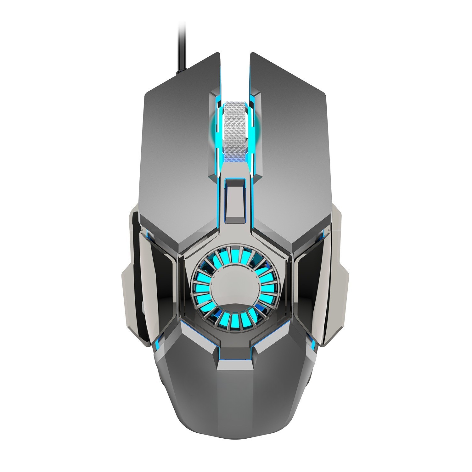 Silberne und graue Gaming-Maus mit blauen Lichtern und futuristischem Design.