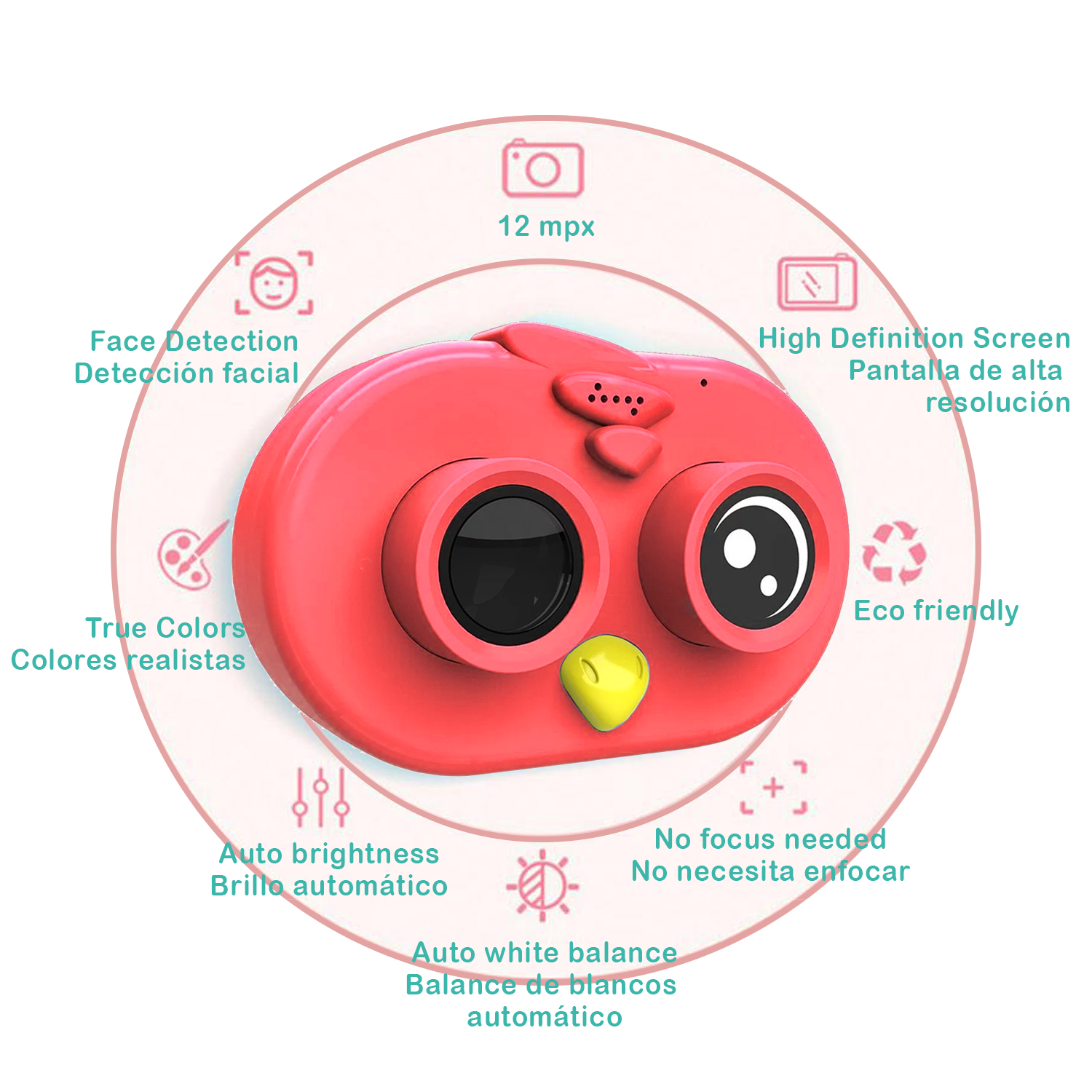 Eine rosa Spielzeugkamera in Eulenform, umgeben von Informationssymbolen.