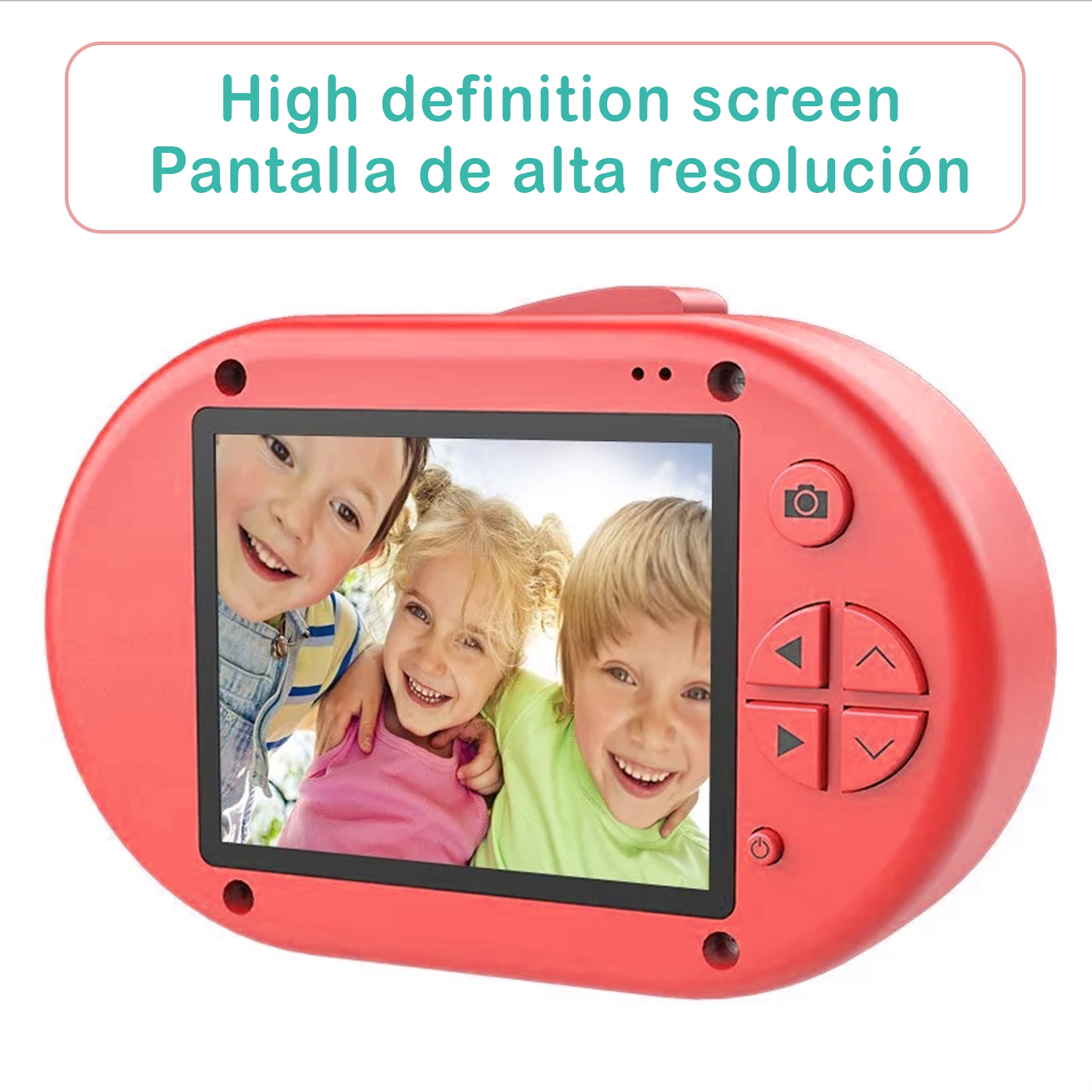 Rote Kinderkamera mit Kinderfoto auf dem Bildschirm. Knöpfe rechts. Text oben auf Englisch und Spanisch.