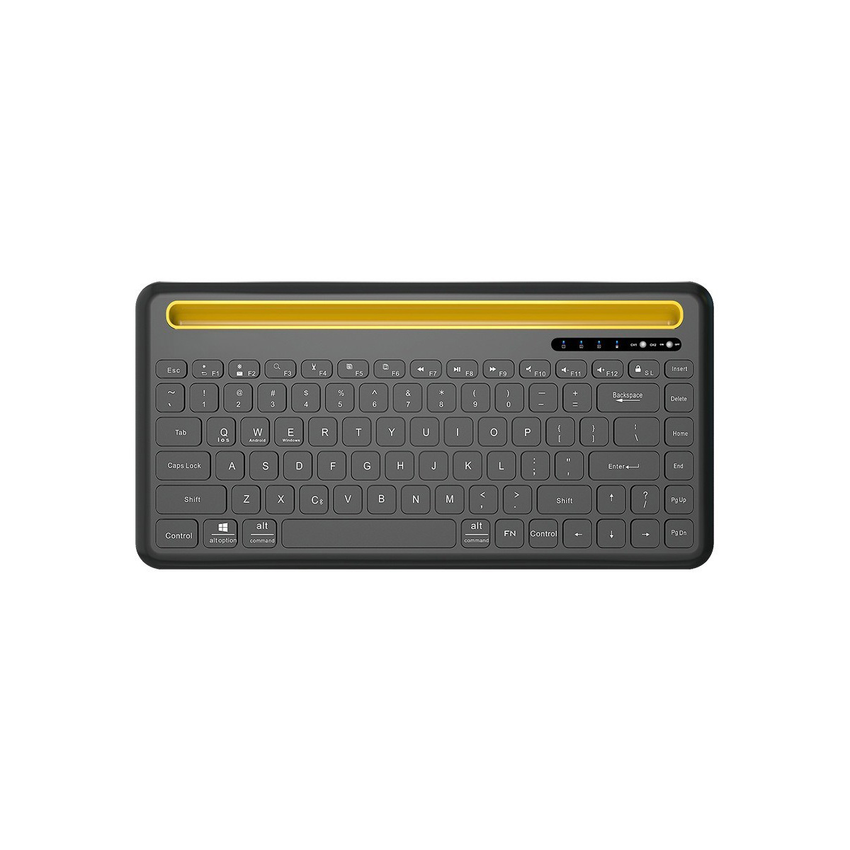 Schwarze Tastatur mit gelber Zierleiste. Enthält Tasten und Symbole auf weißem Hintergrund.