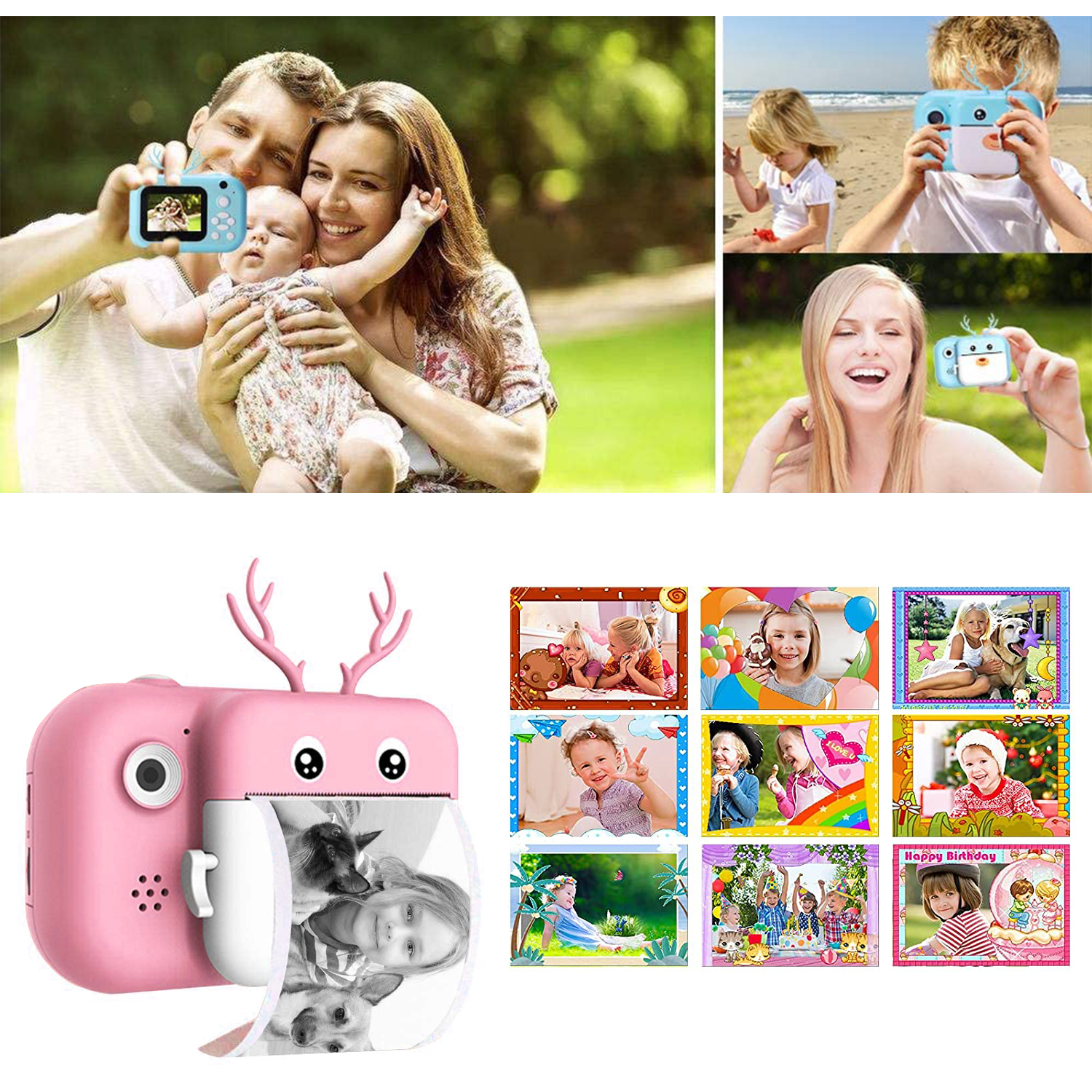 Una cámara rosa imprimiendo fotos con una familia tomando fotos y fotos.