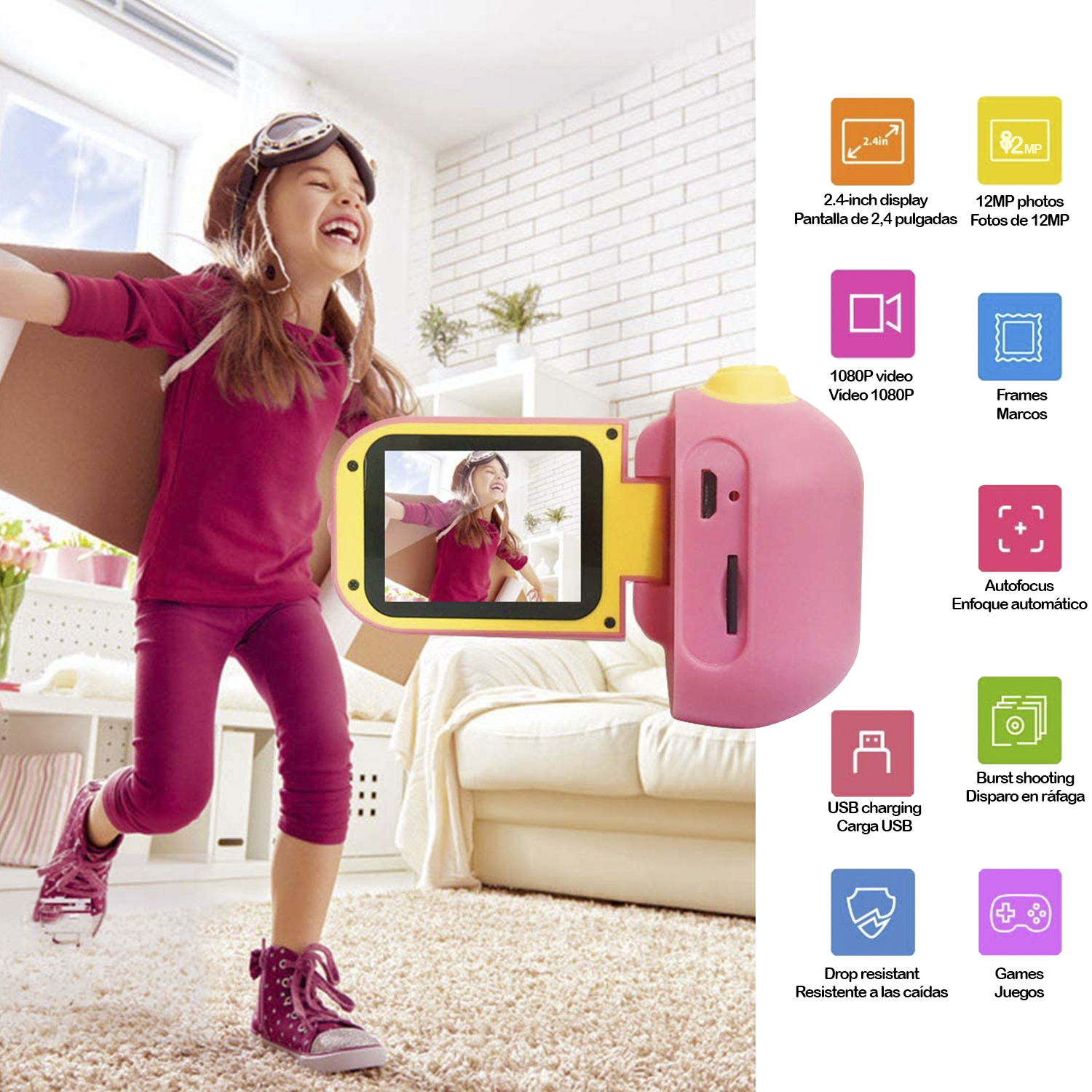 Una niña corre mientras sostiene una cámara rosa con pantalla. Iconos coloridos alrededor de la cámara.