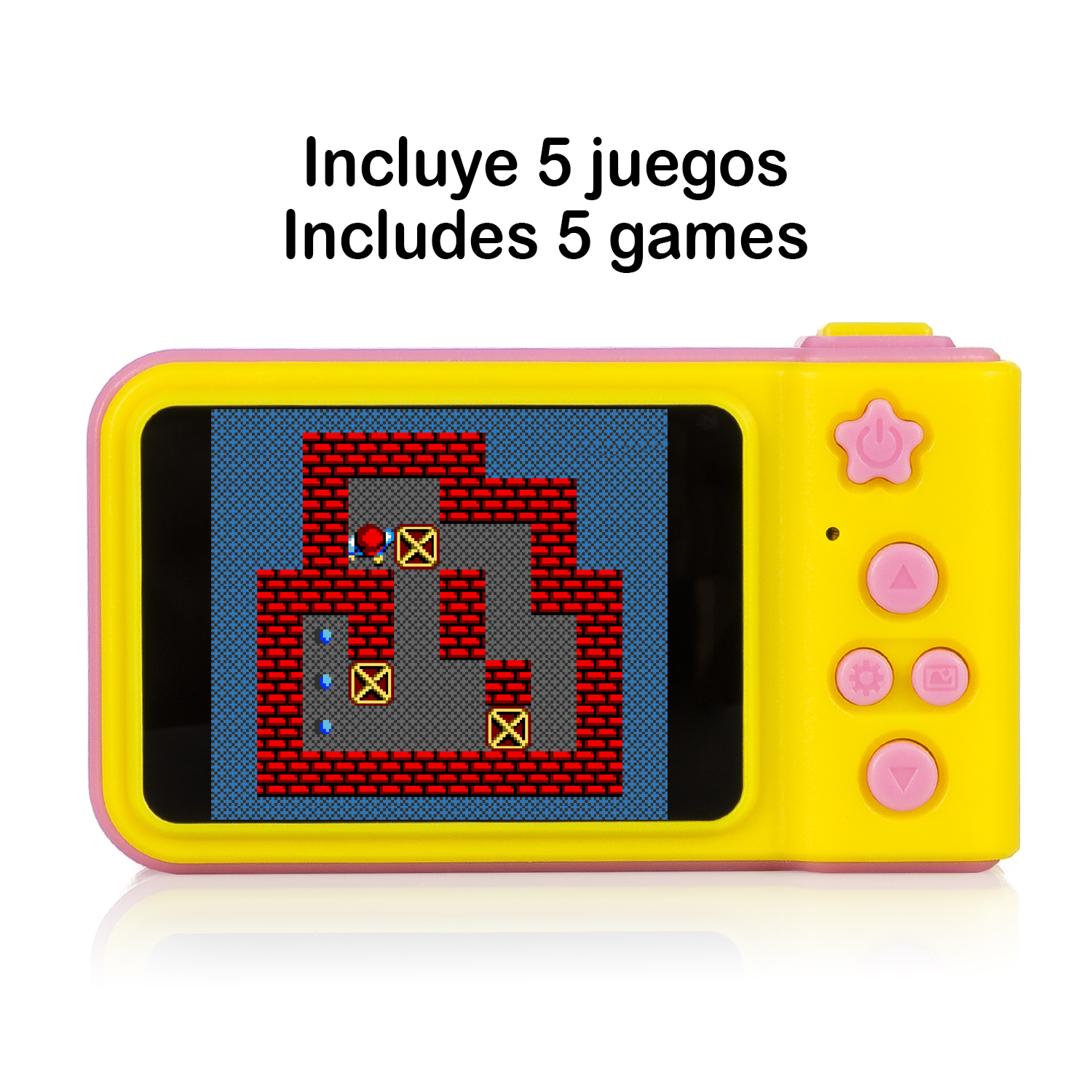 Gelbe Handheld-Konsole mit einem Bildschirm, der eine verpixelte Spielszene zeigt. Pinke Akzente und Knöpfe.