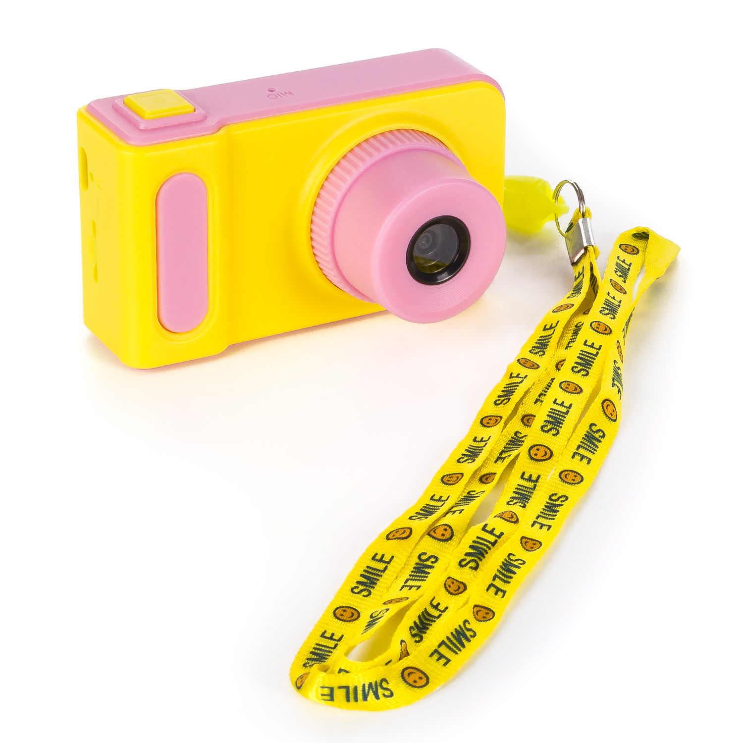 Gelb-rosa Kamera mit gelbem Band mit der Aufschrift SMILE. Ein gelber Knopf oben.