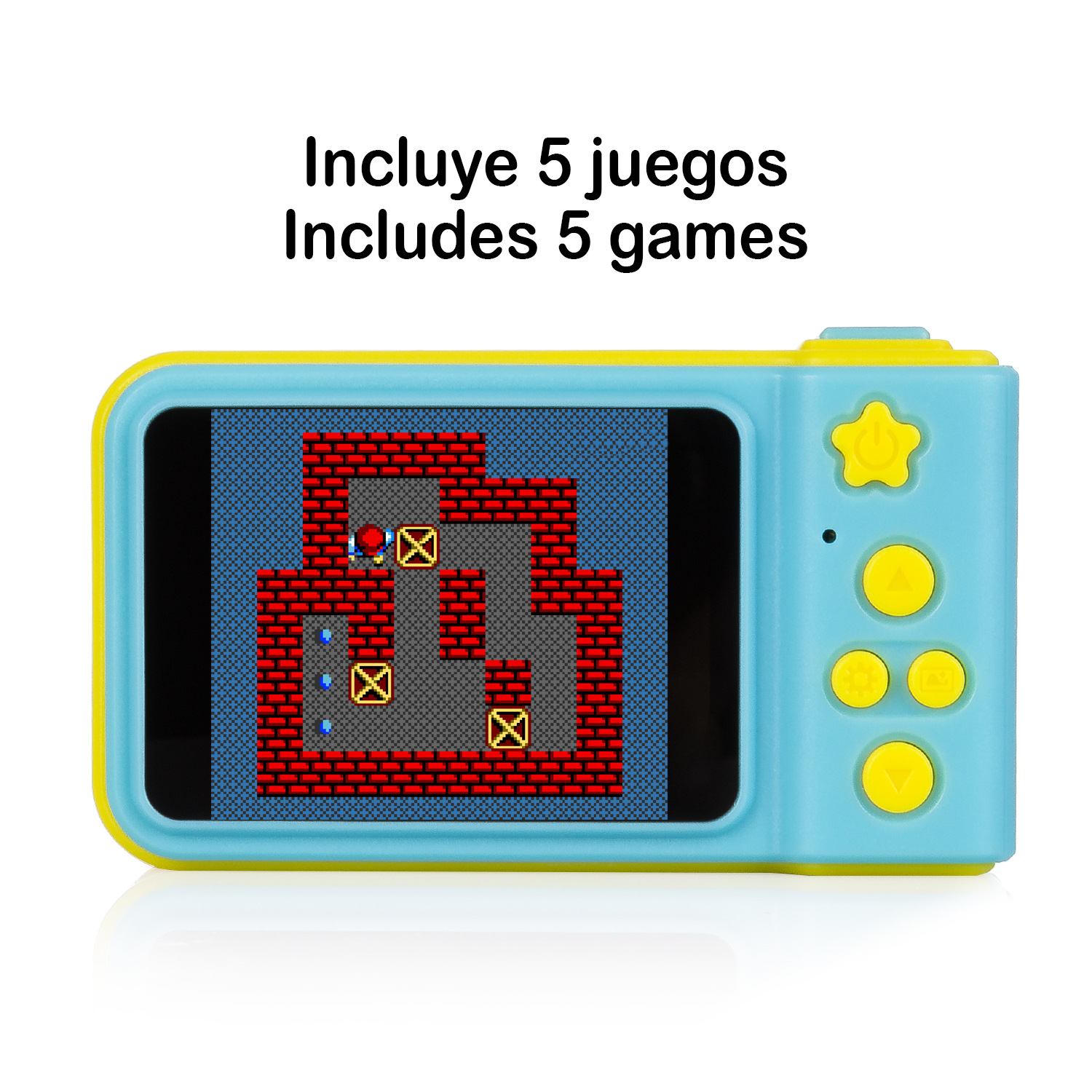 Eine Handheld-Spielkonsole mit einem Bildschirm, der eine pixelige Spielszene anzeigt; Text oben sagt 'Enthält 5 Spiele'.