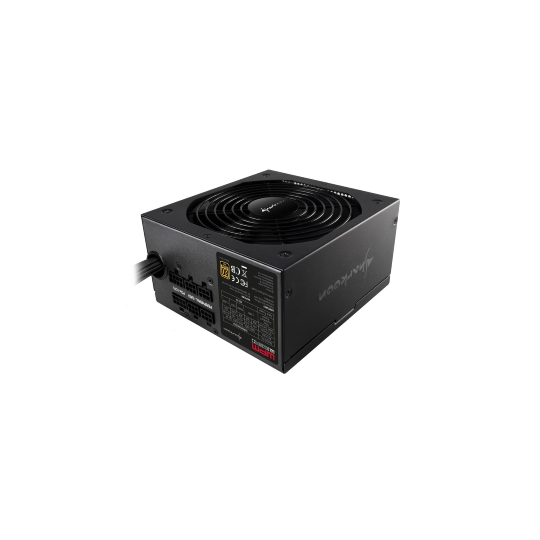 Alimentatore per computer nero. La parte superiore ha una ventola. Il lato mostra informazioni tecniche.