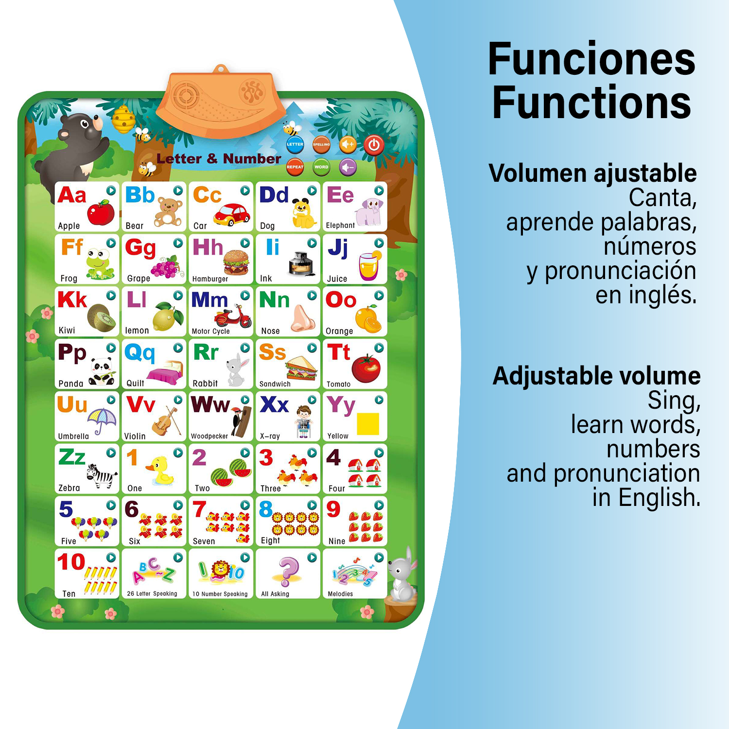 Lehrtafel mit Alphabet und Zahlen. Enthält Illustrationen und Text in Englisch und Spanisch.