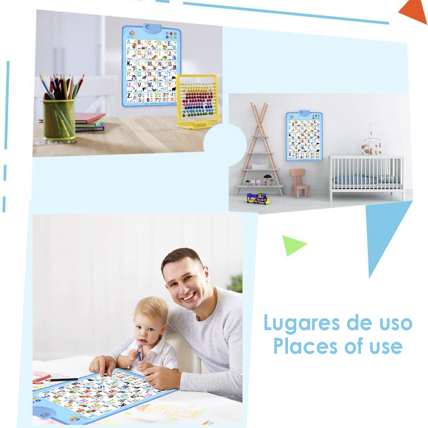Ein Vater und ein Baby verwenden Lernwerkzeuge. Andere Werkzeuge werden ebenfalls angezeigt.