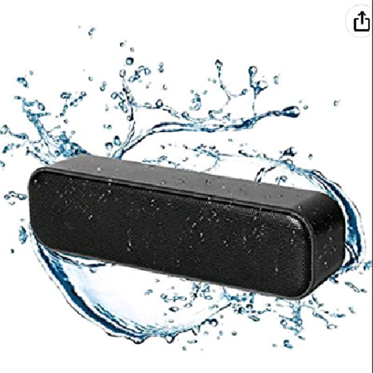 Wasserdichter schwarzer Bluetooth-Lautsprecher im Wasser, mit Wassertropfen darauf. Weißer Hintergrund.