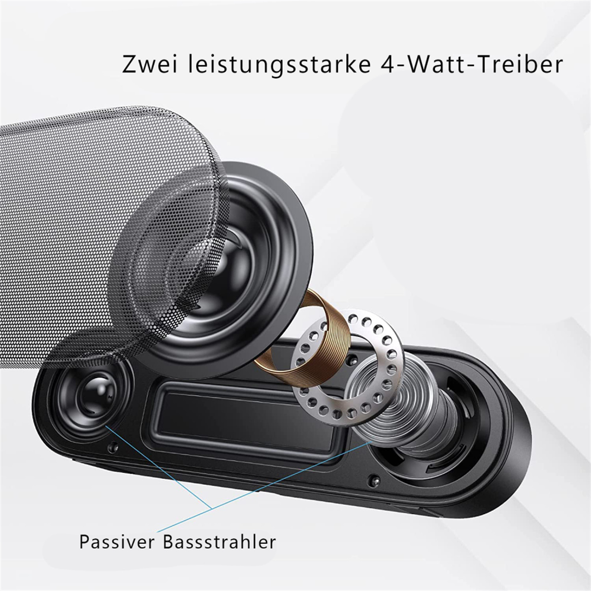 Lautsprecher mit sichtbaren Komponenten, einschließlich Treibern und einem Mesh-Cover, vor weißem Hintergrund. Text: Zwei leistungsstarke 4-Watt-Treiber.